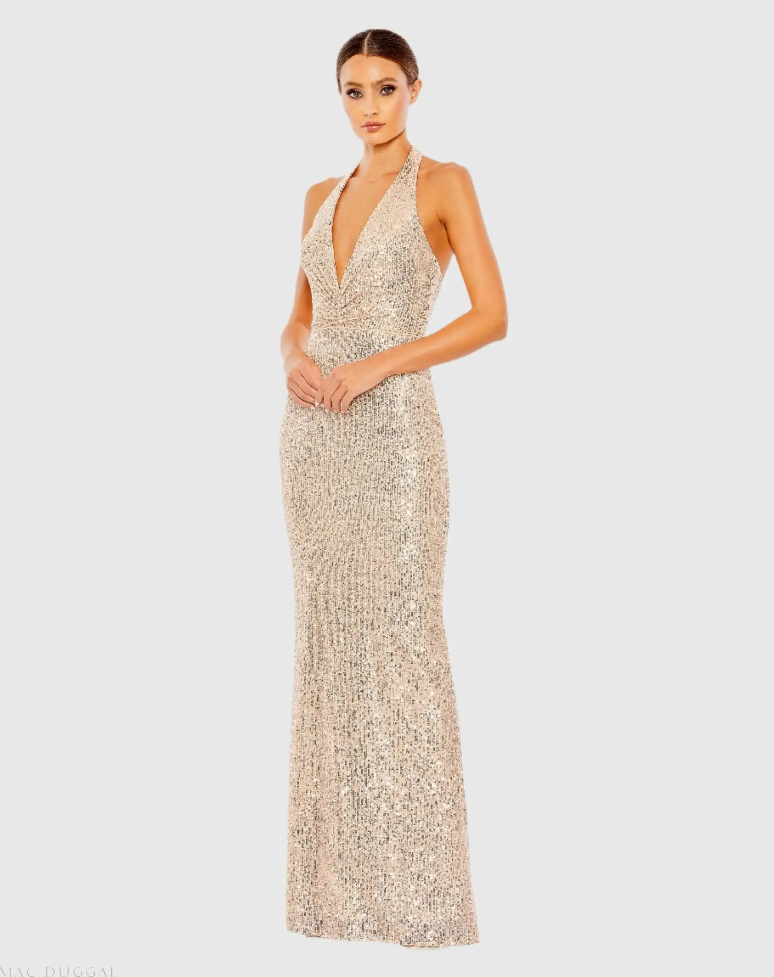 Gold Sequined Halter Strap Plunge Neck Gown-Myartka