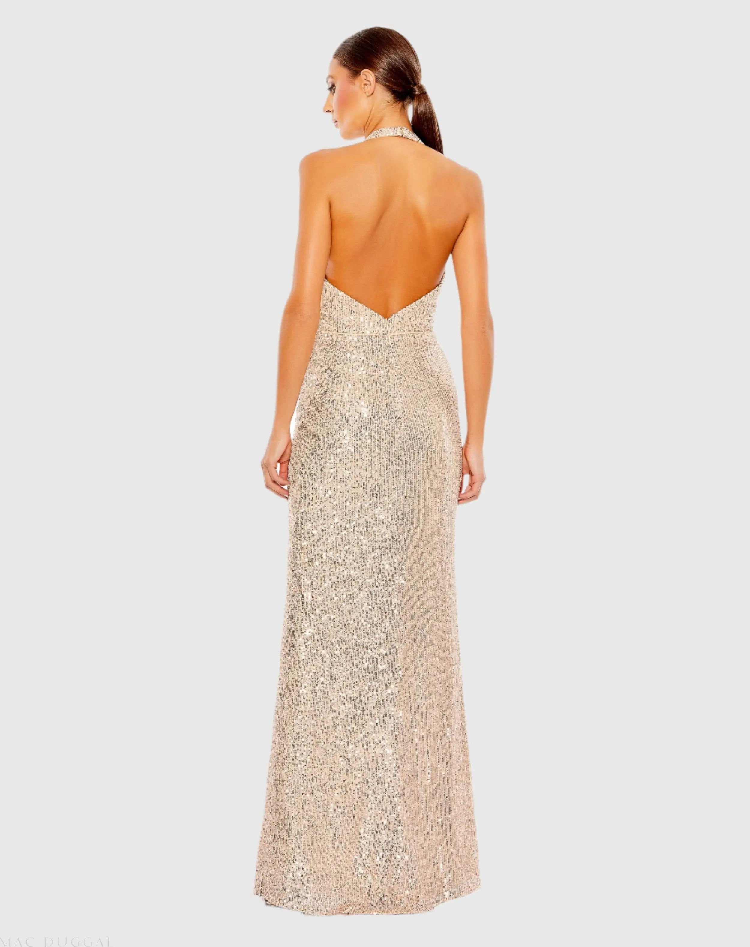 Gold Sequined Halter Strap Plunge Neck Gown-Myartka
