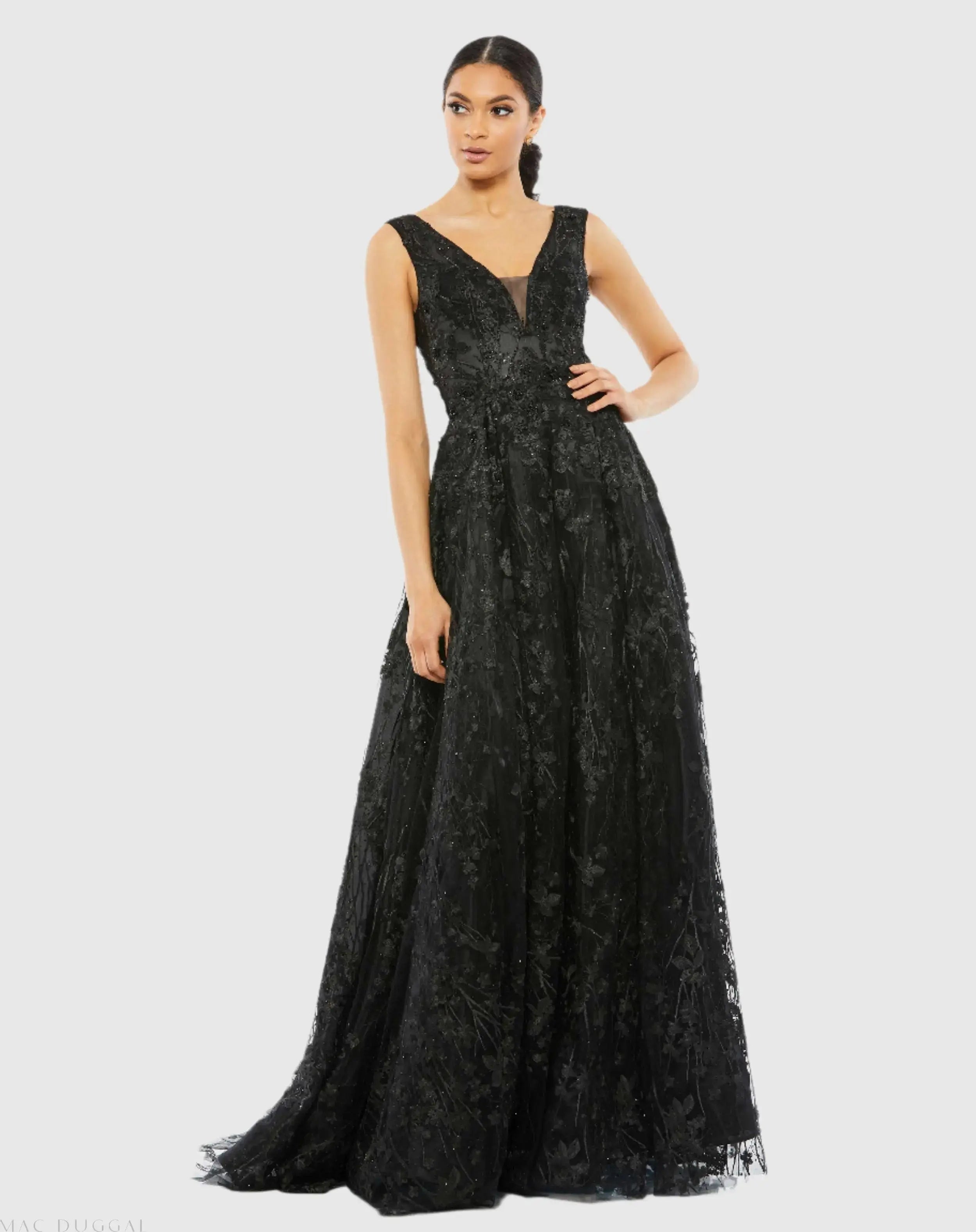 Black Floral Embroidered Illusion V-Neck Gown-Myartka
