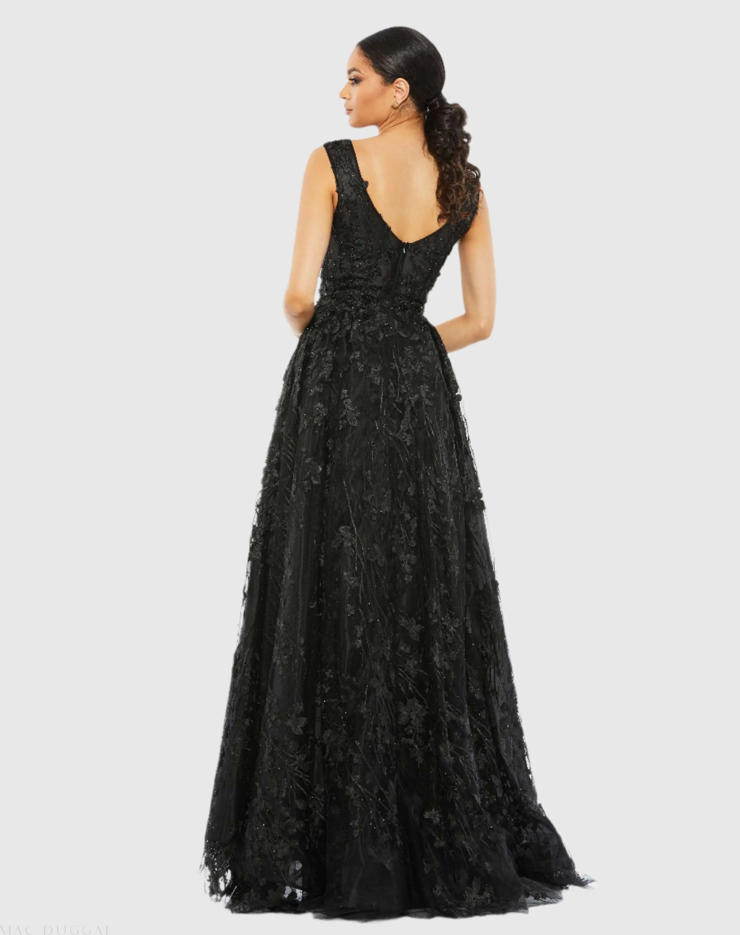 Black Floral Embroidered Illusion V-Neck Gown-Myartka