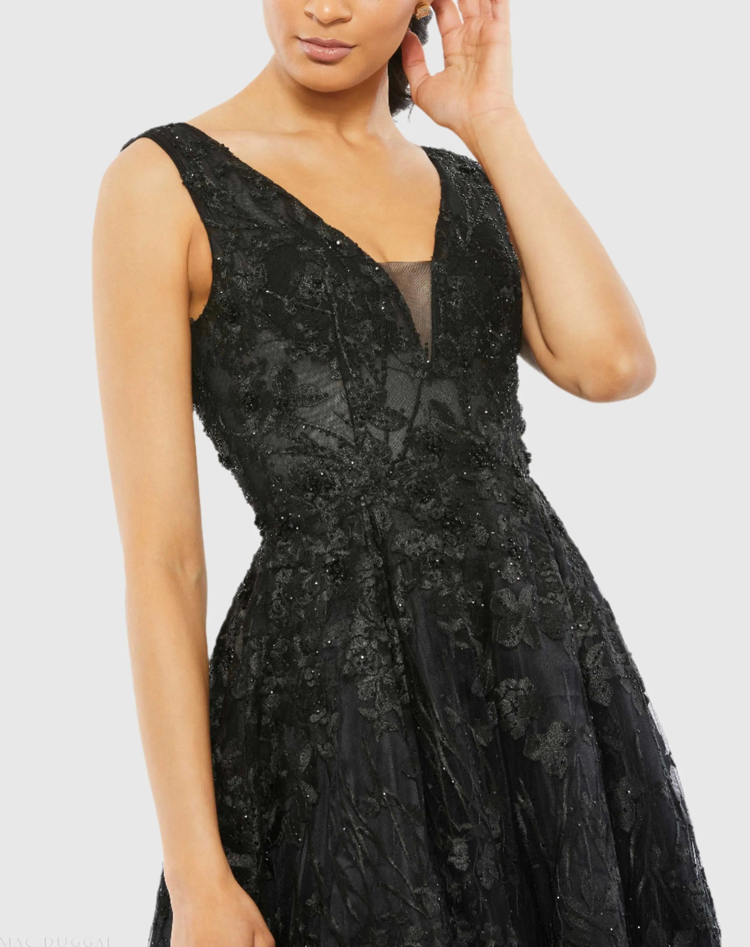Black Floral Embroidered Illusion V-Neck Gown-Myartka