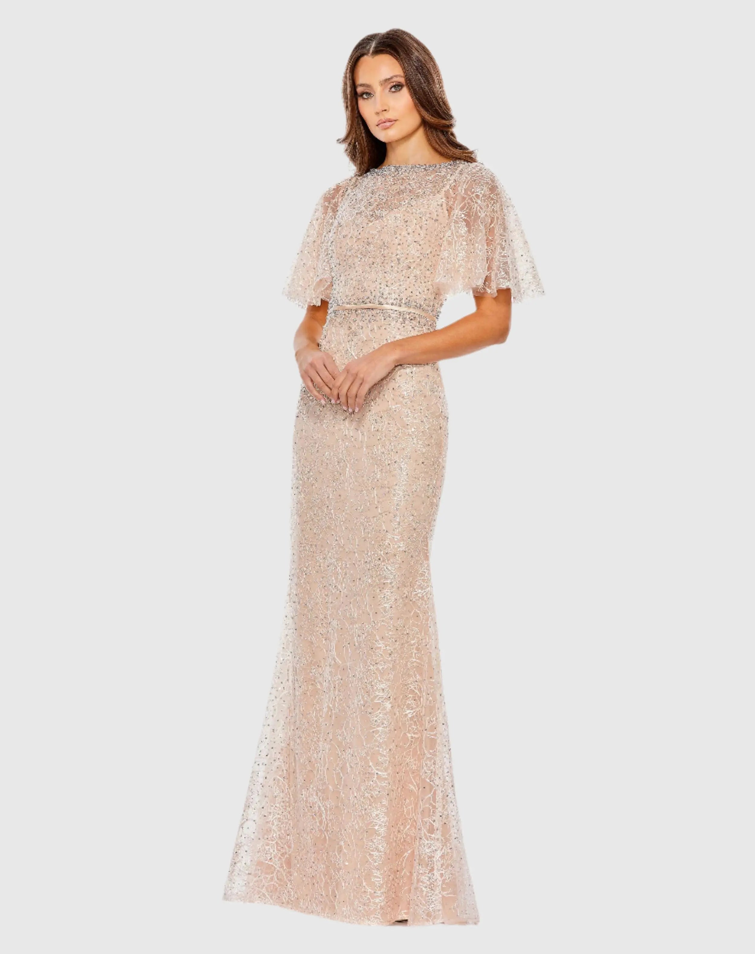 Pink Embellished Neck Butterfly Sleeve Trumpet Gown - FINAL SALE-Myartka