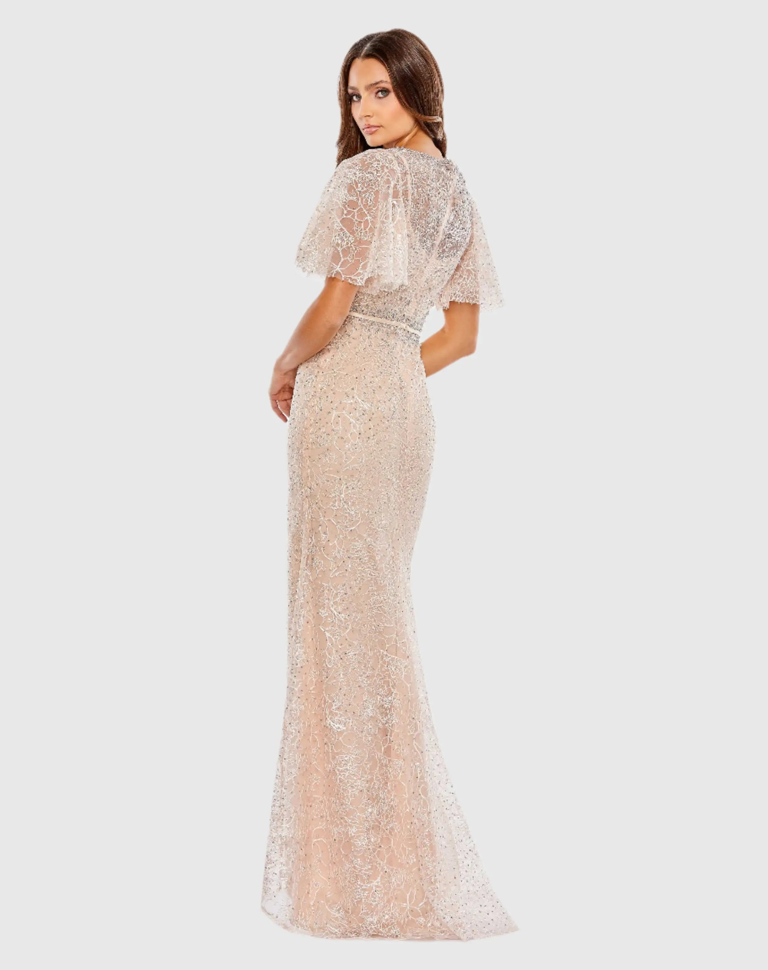 Pink Embellished Neck Butterfly Sleeve Trumpet Gown - FINAL SALE-Myartka