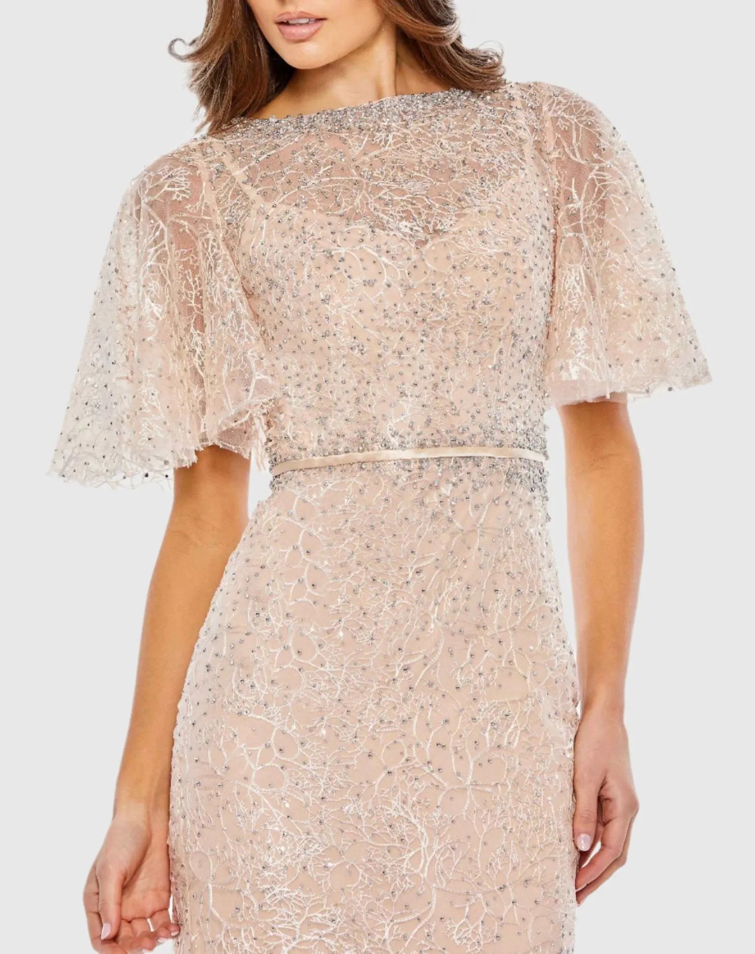 Pink Embellished Neck Butterfly Sleeve Trumpet Gown - FINAL SALE-Myartka