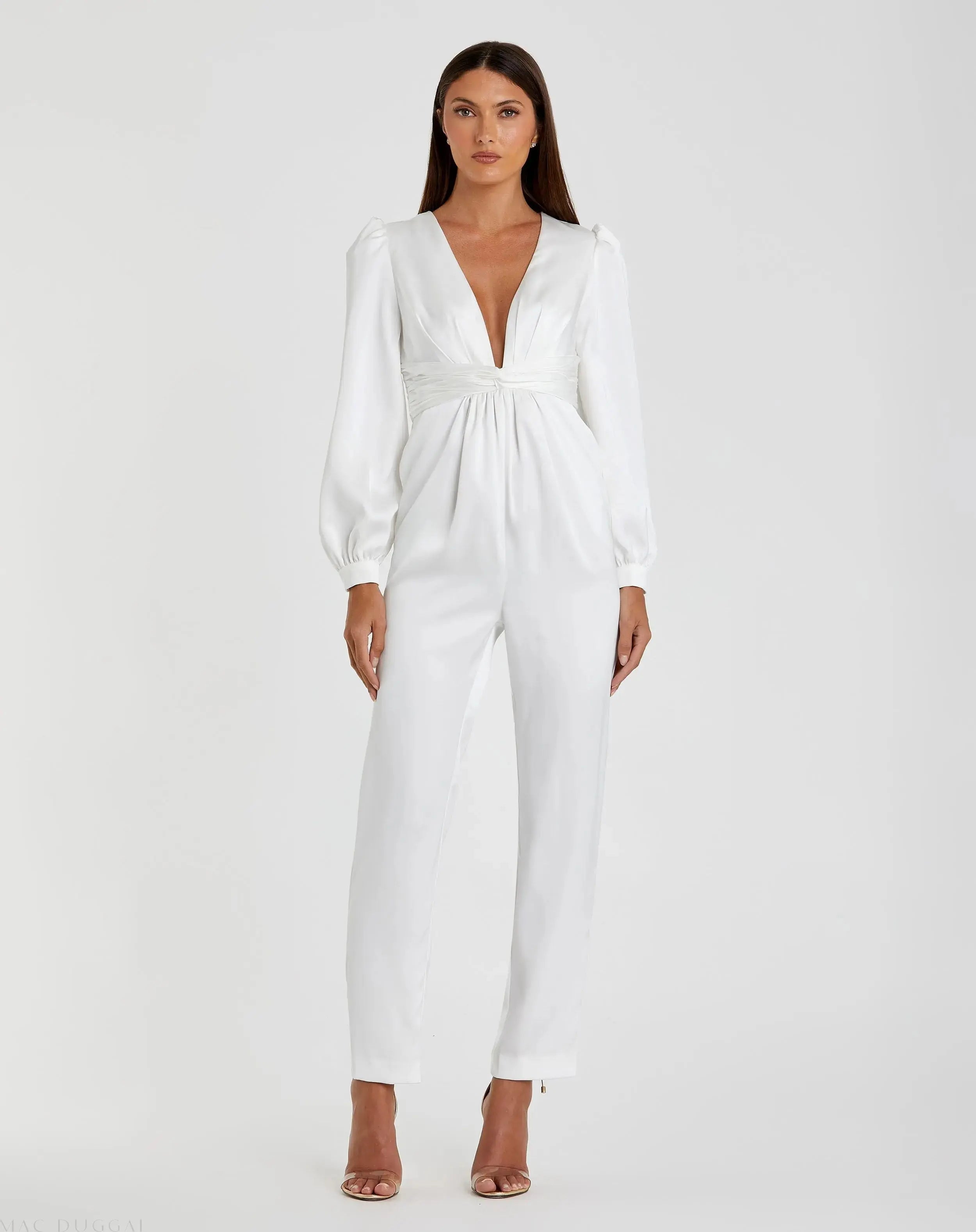 White Front Twist Puff Sleeve Deep V Jumpsuit-Myartka