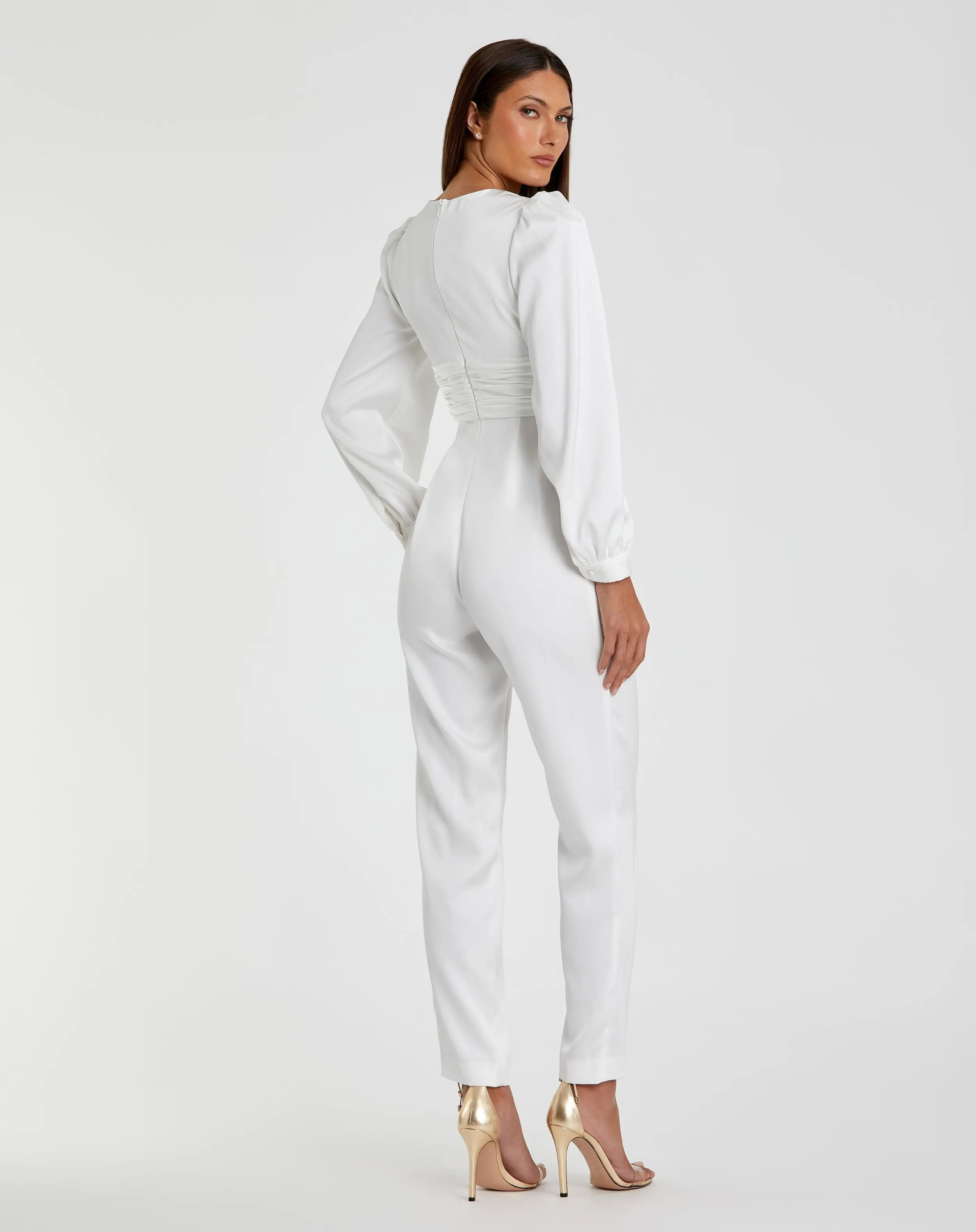 White Front Twist Puff Sleeve Deep V Jumpsuit-Myartka