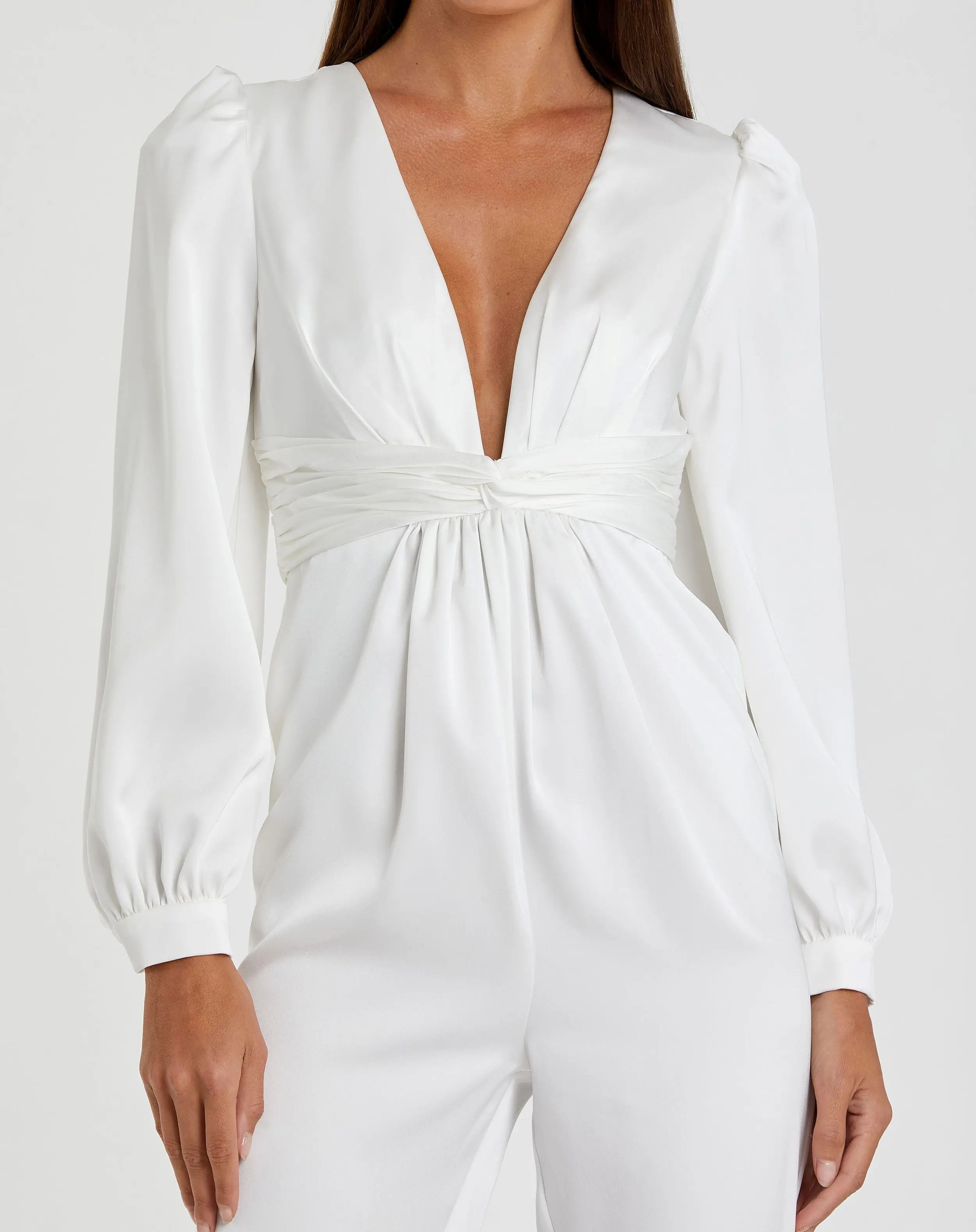 White Front Twist Puff Sleeve Deep V Jumpsuit-Myartka