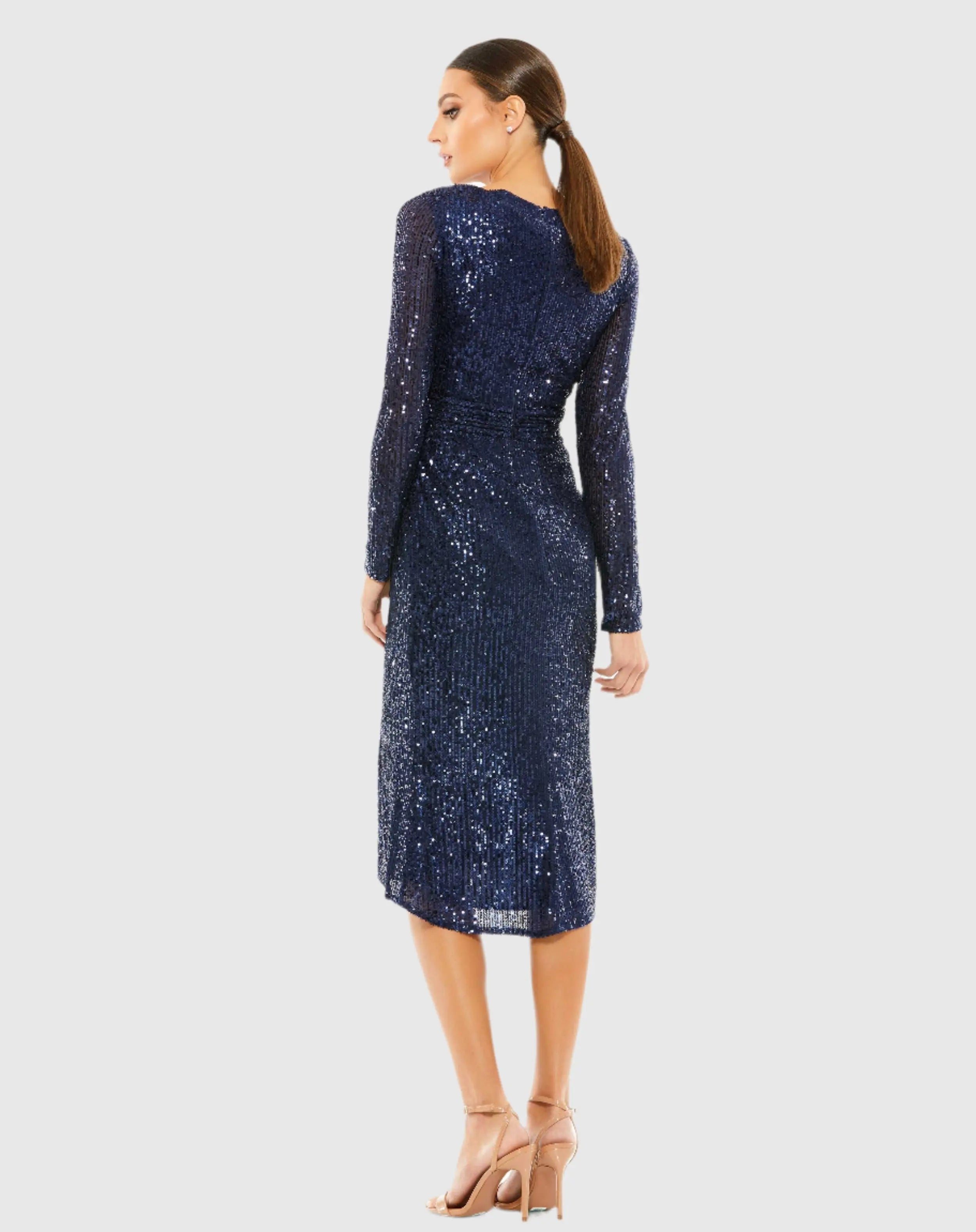 Navy Long Sleeve Midi Sequin Dress-Myartka