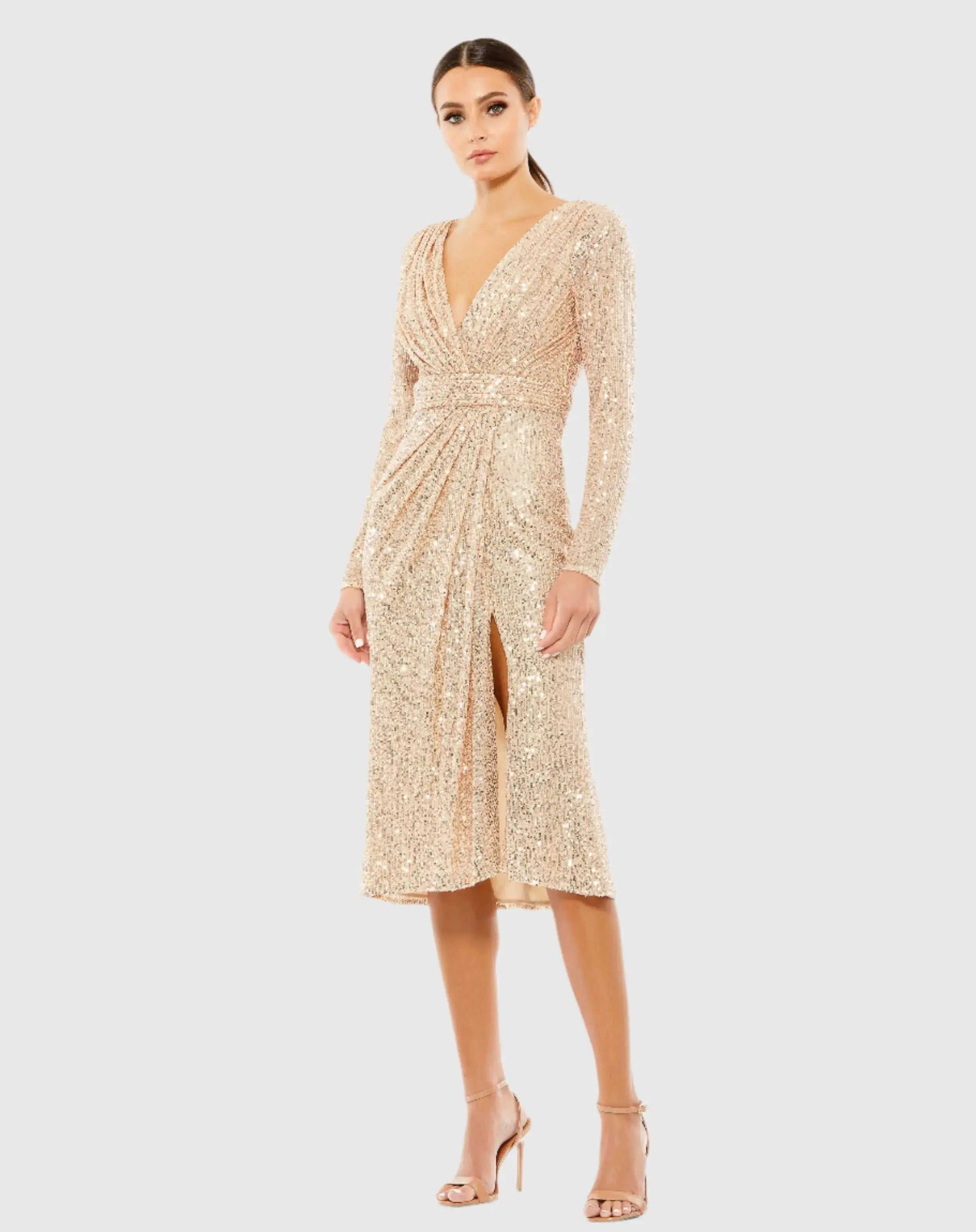 Pink Sequined Long Sleeve Midi Dress-Myartka