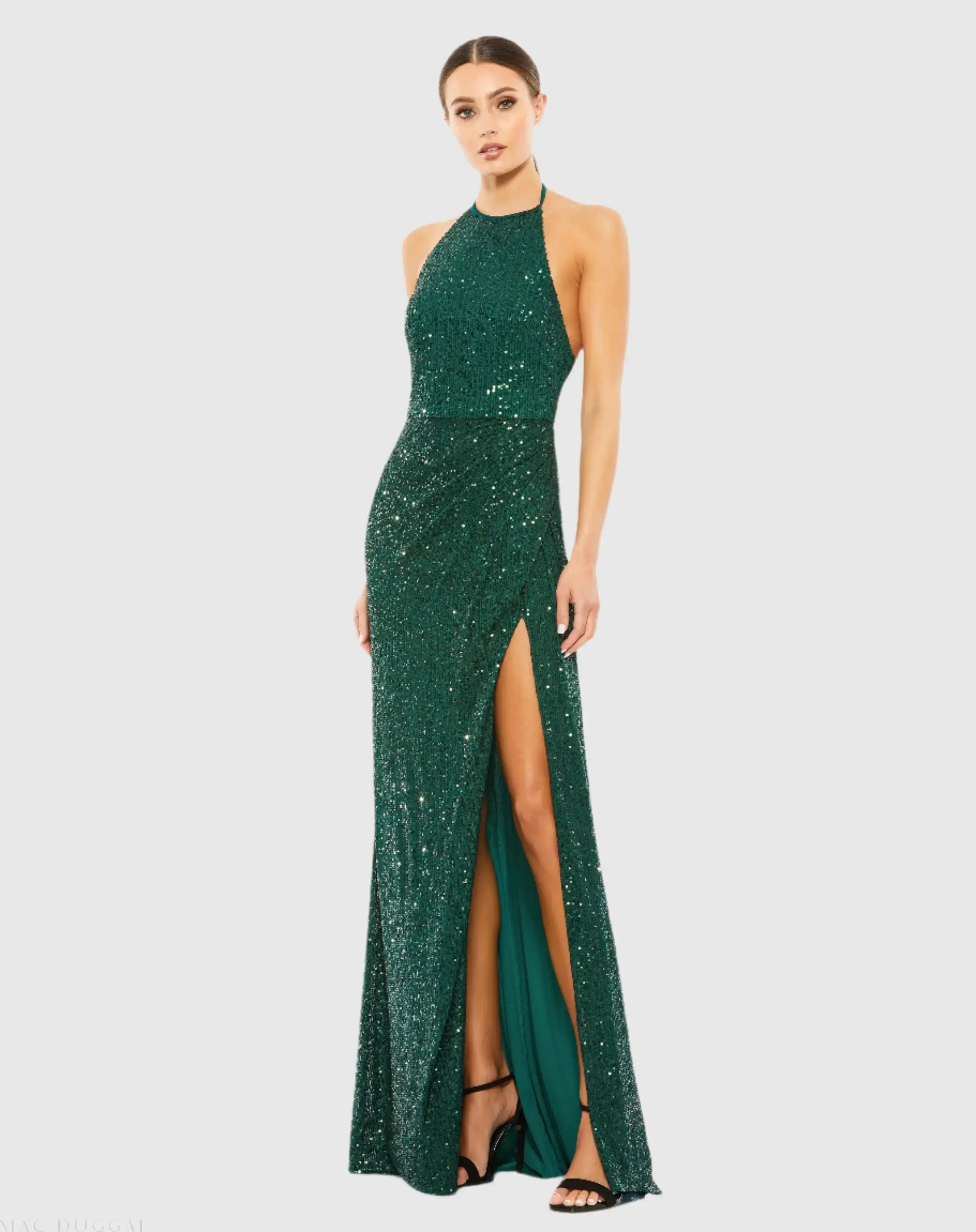 Sequin Open Back Halter Neck Gown-Myartka