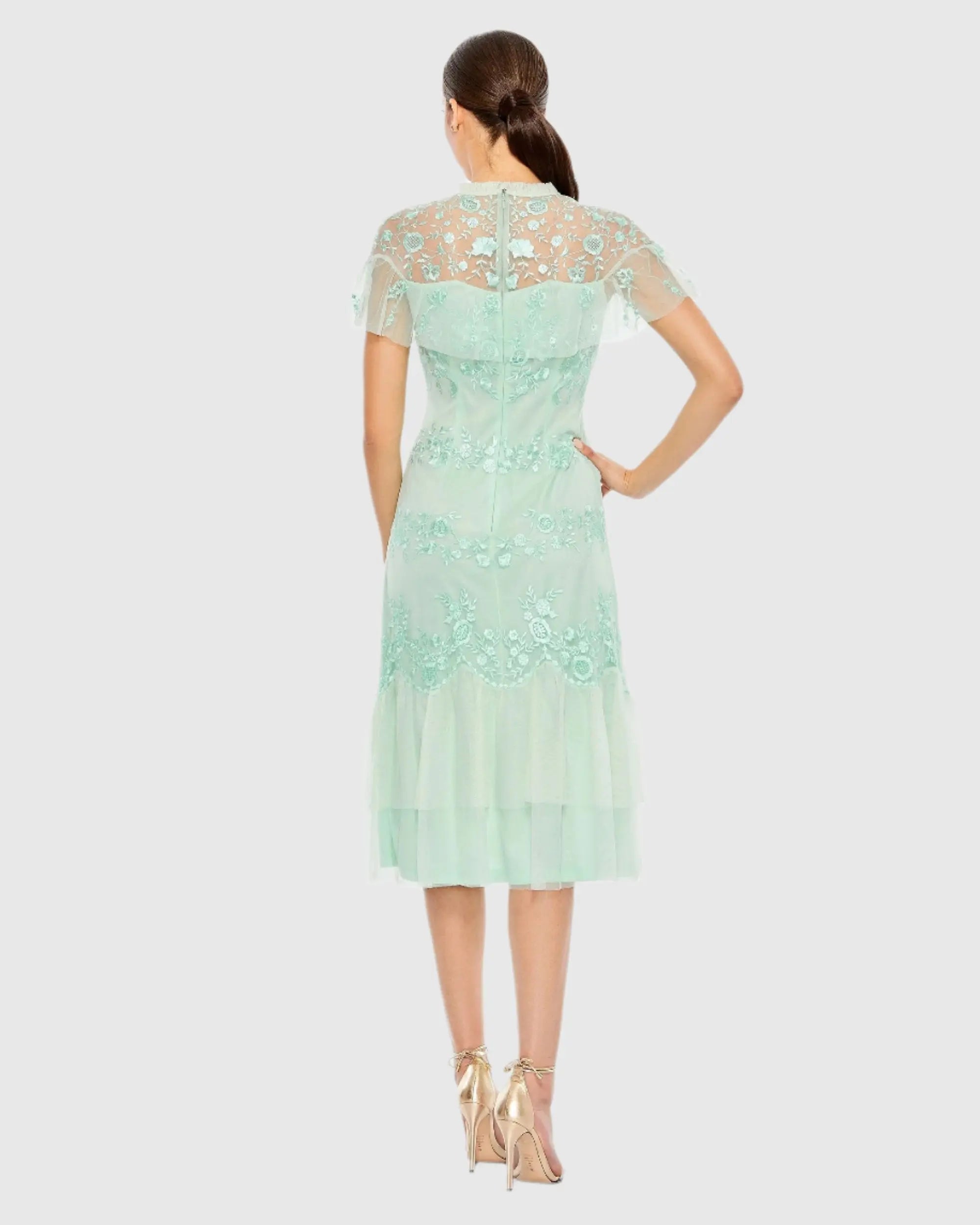 Green Embroidered Ruffled Cap Sleeve Midi Dress-Myartka