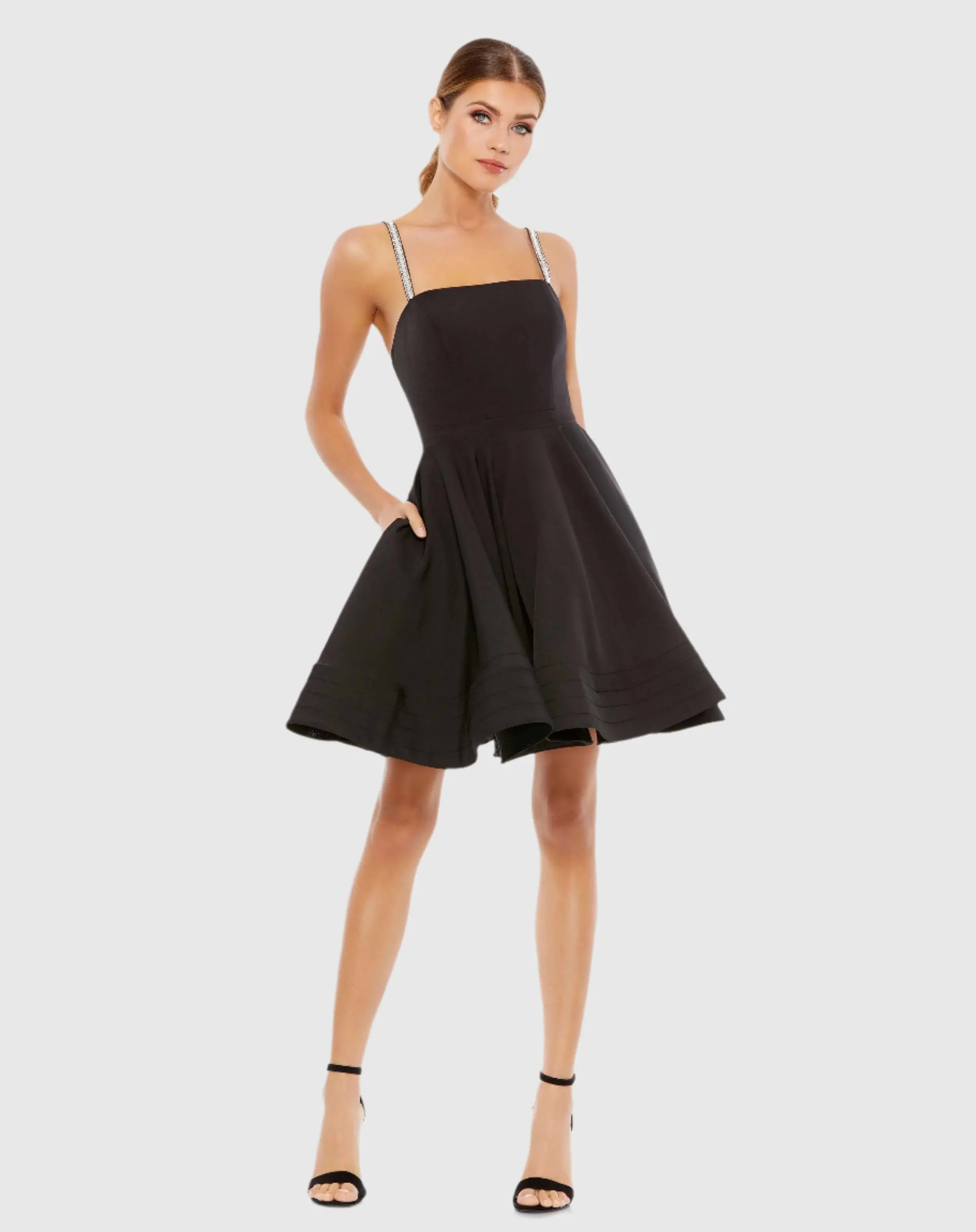 Black Square Neck Mini A Line Dress-Myartka