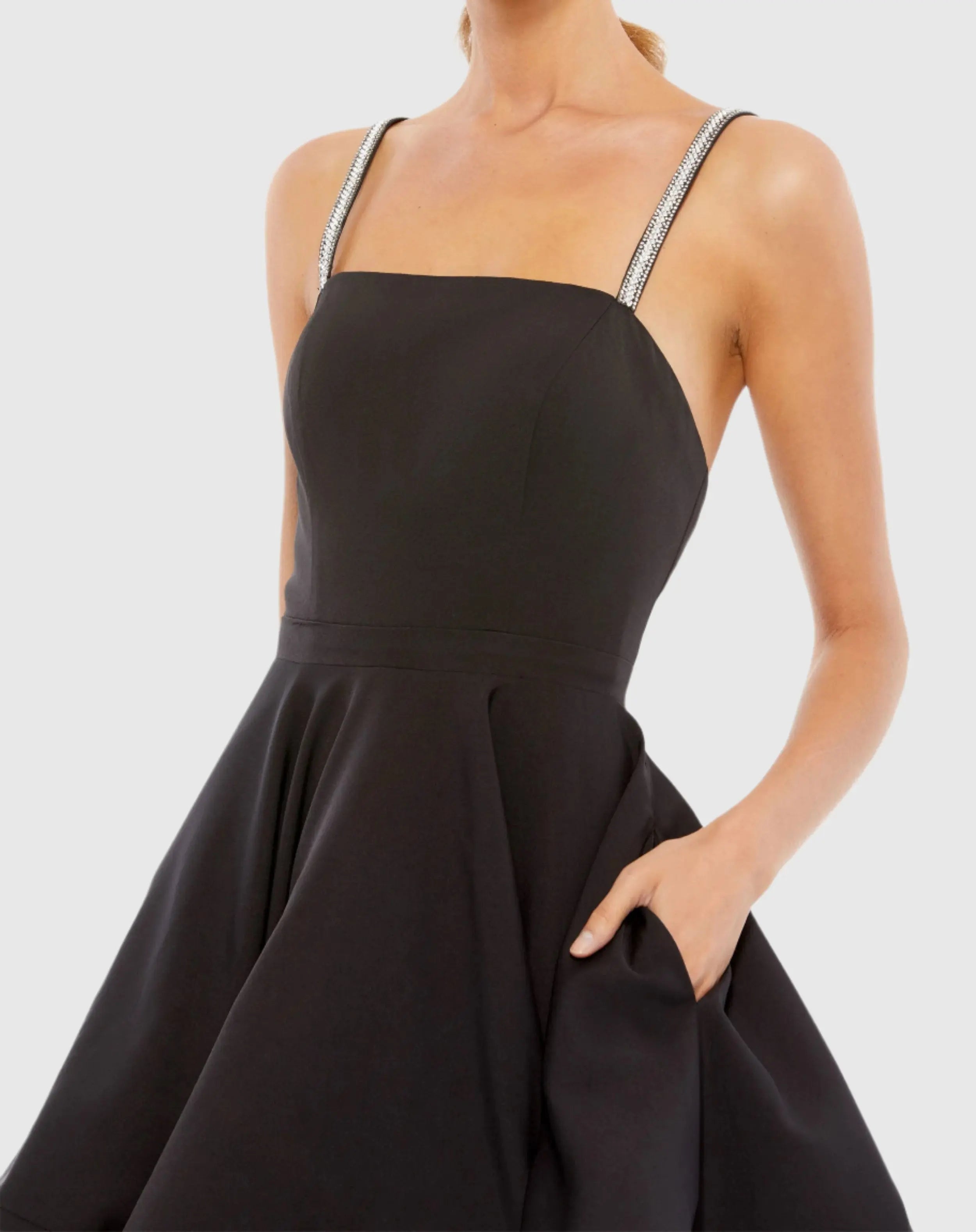 Black Square Neck Mini A Line Dress-Myartka