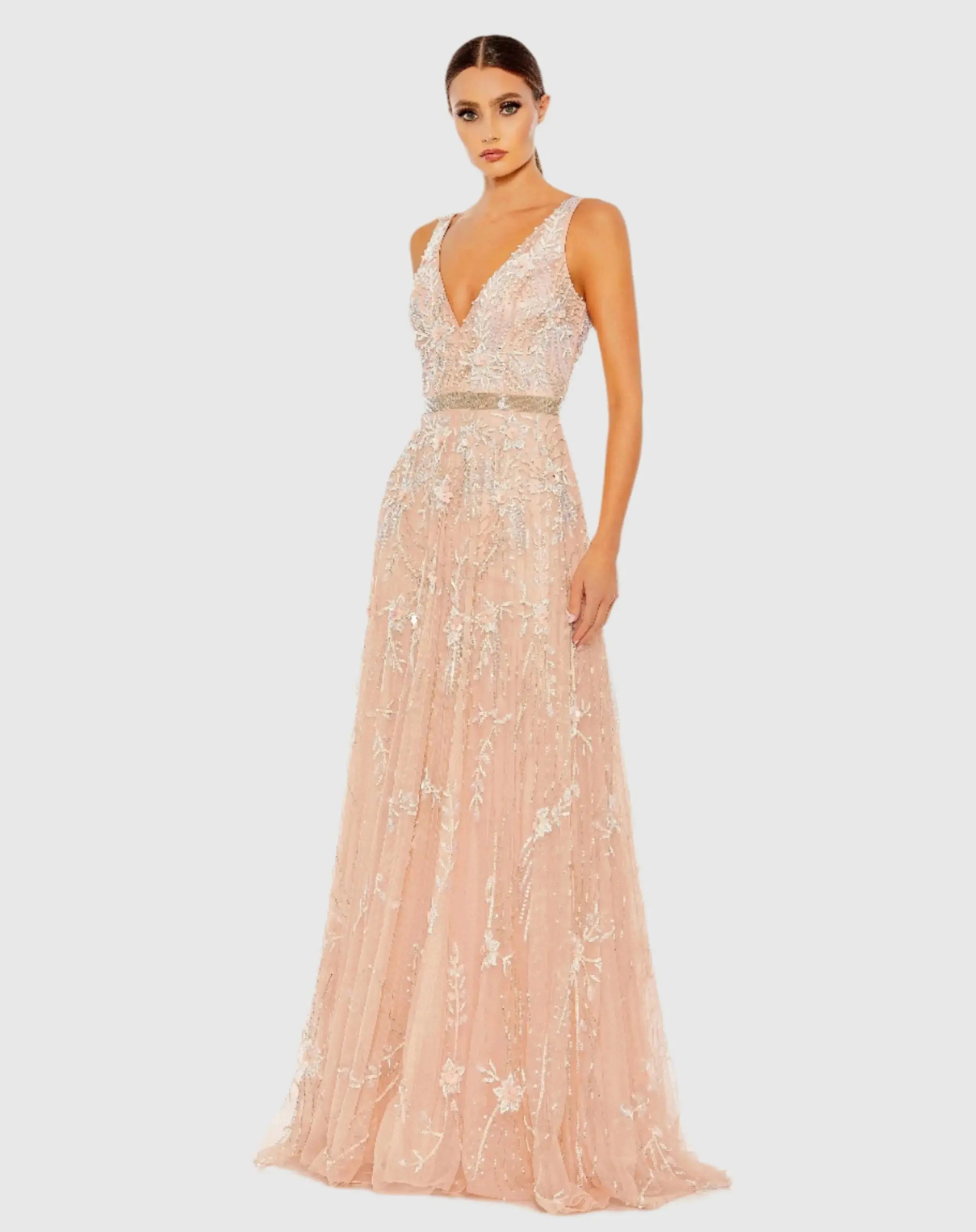 Sleeveless V-Neck Embellished Tulle Gown-Myartka