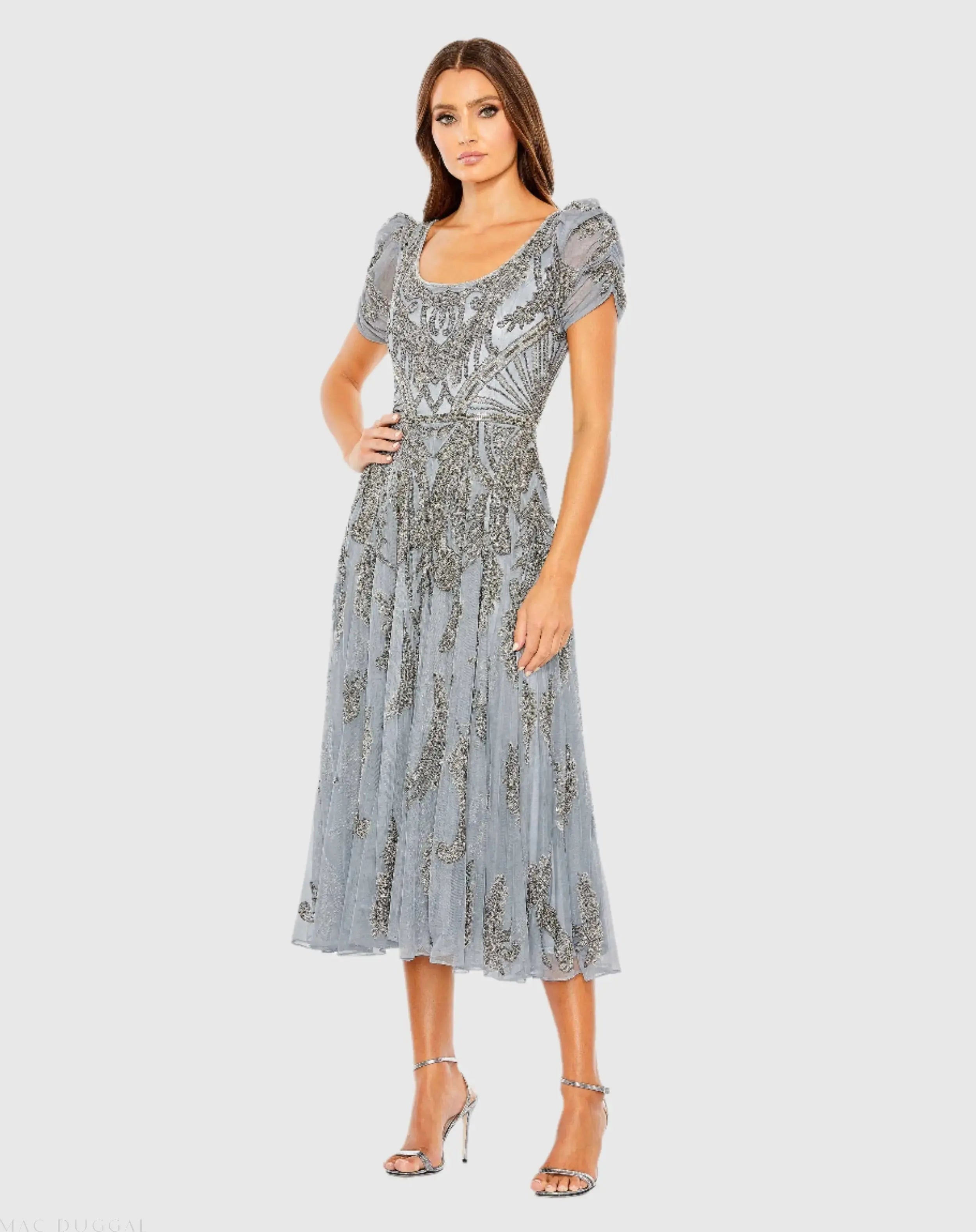 Short Sleeve Beaded A-line Tea Length Dress-Myartka