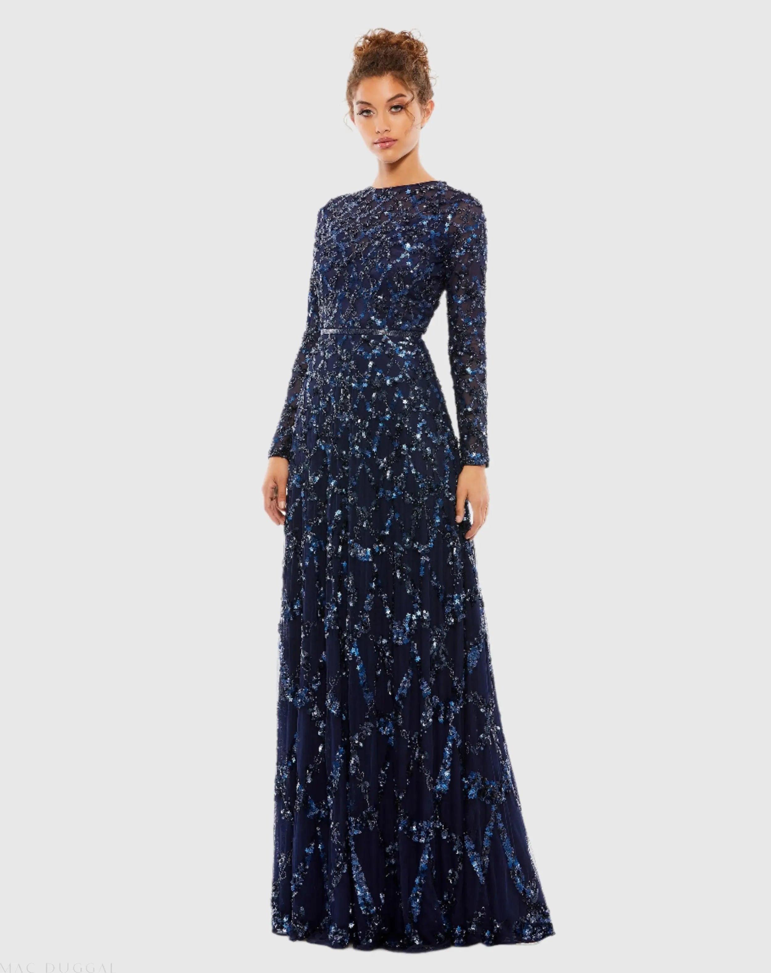 Navy Embellished Illusion High Neck Long Sleeve A Line Gown-Myartka