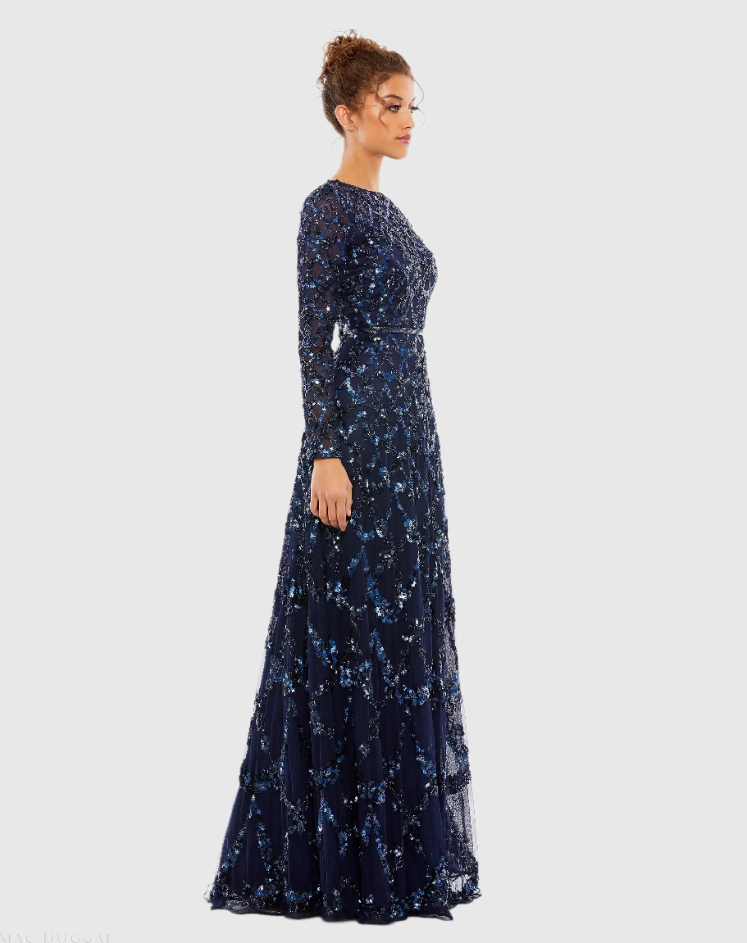 Navy Embellished Illusion High Neck Long Sleeve A Line Gown-Myartka