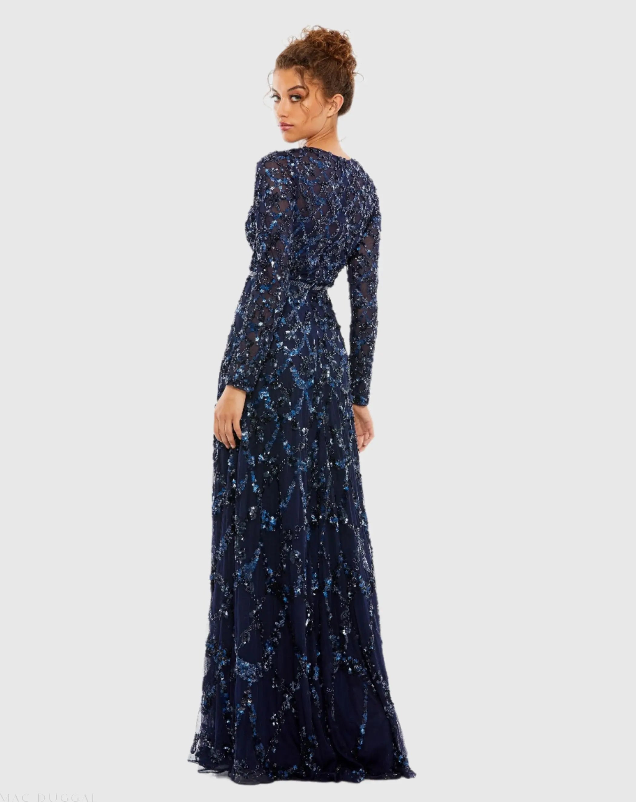 Navy Embellished Illusion High Neck Long Sleeve A Line Gown-Myartka