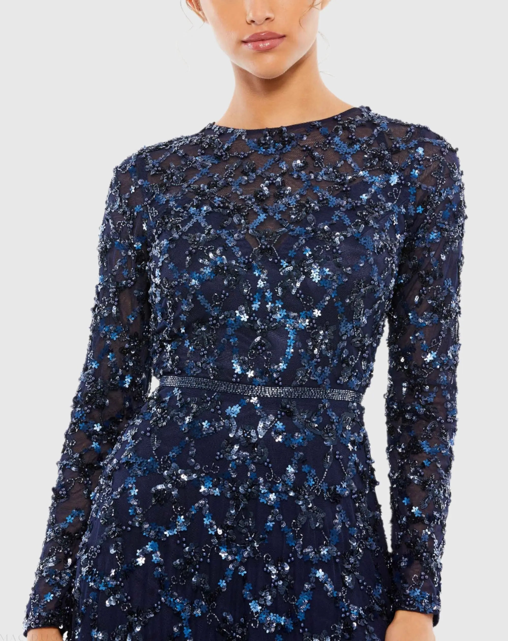 Navy Embellished Illusion High Neck Long Sleeve A Line Gown-Myartka