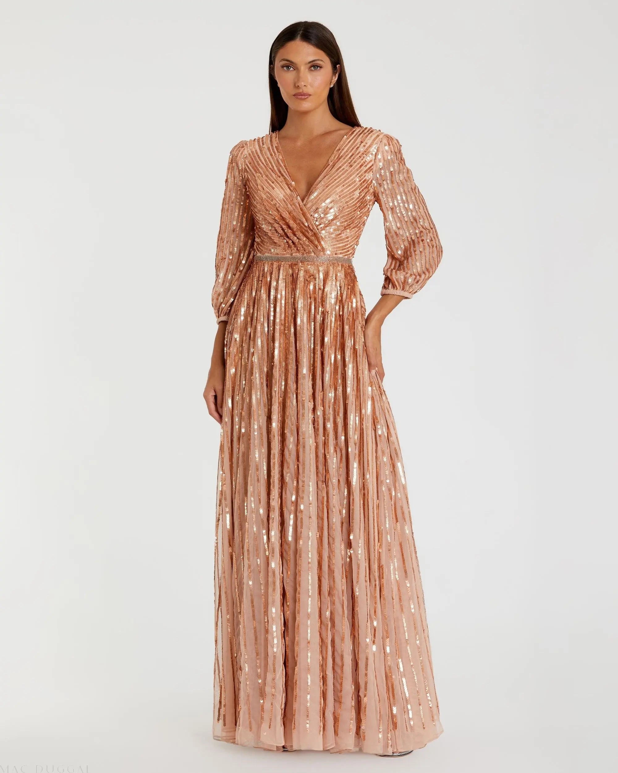 Pink Sequined Wrap Over 3/4 Sleeve Gown-Myartka