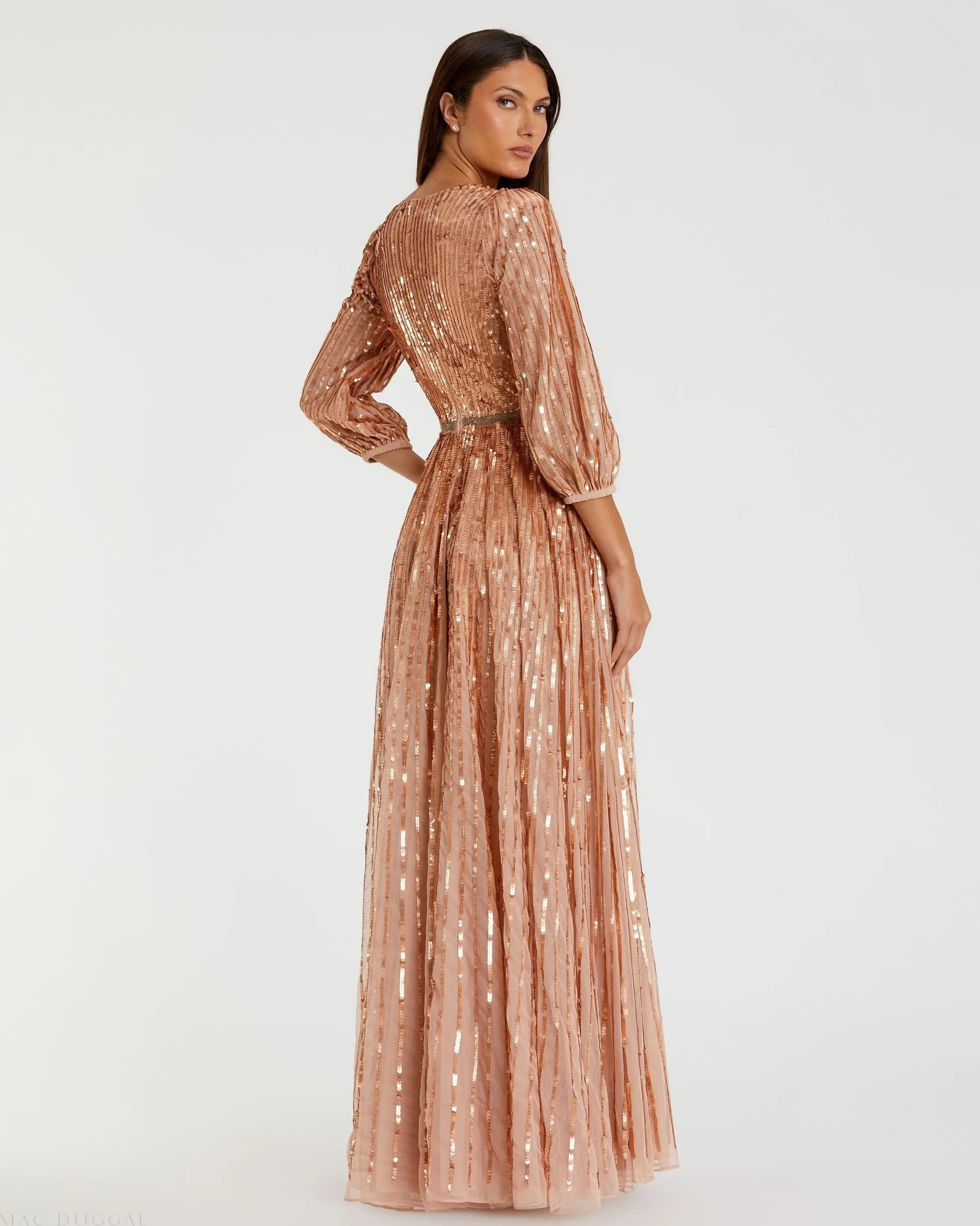 Pink Sequined Wrap Over 3/4 Sleeve Gown-Myartka