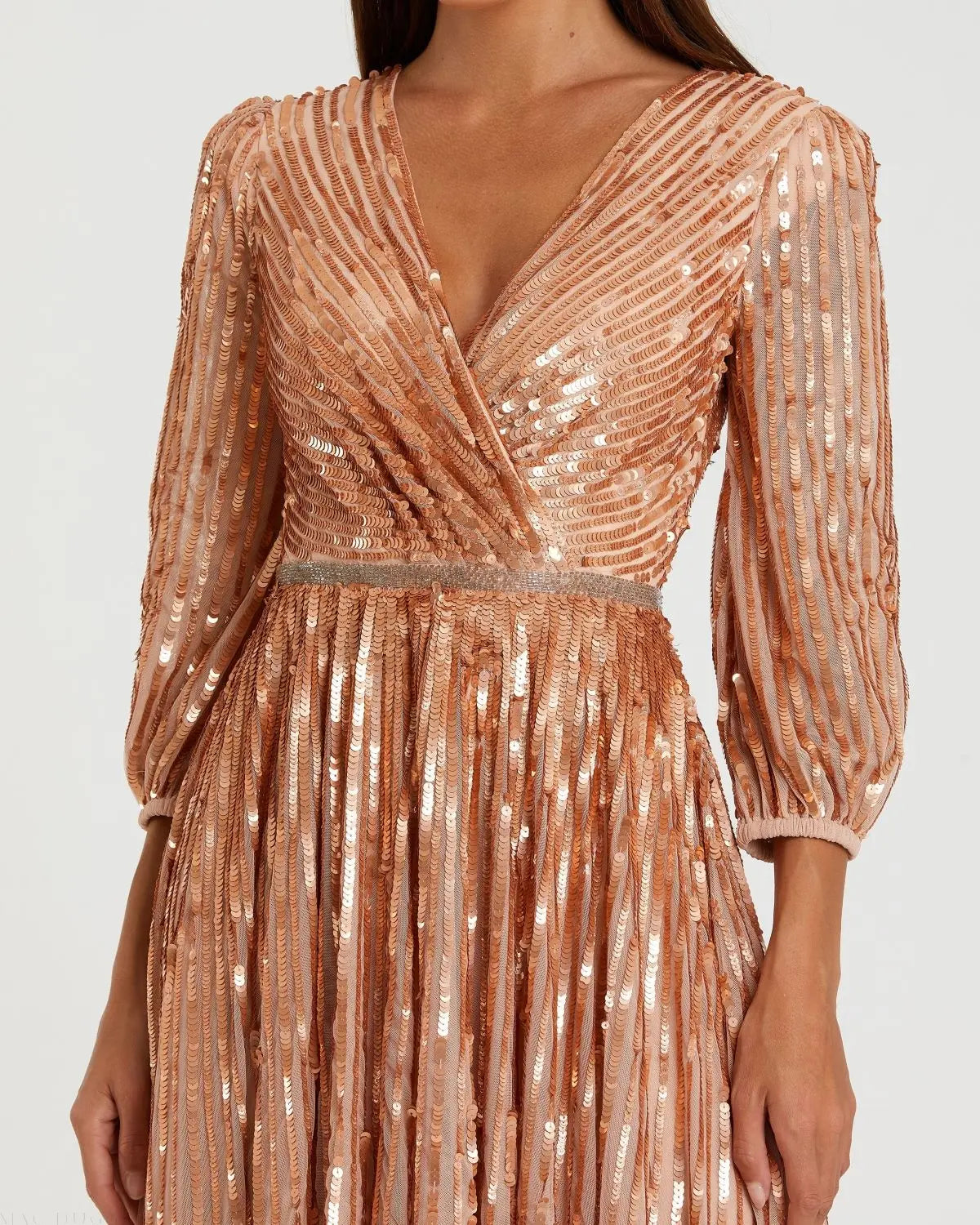 Pink Sequined Wrap Over 3/4 Sleeve Gown-Myartka