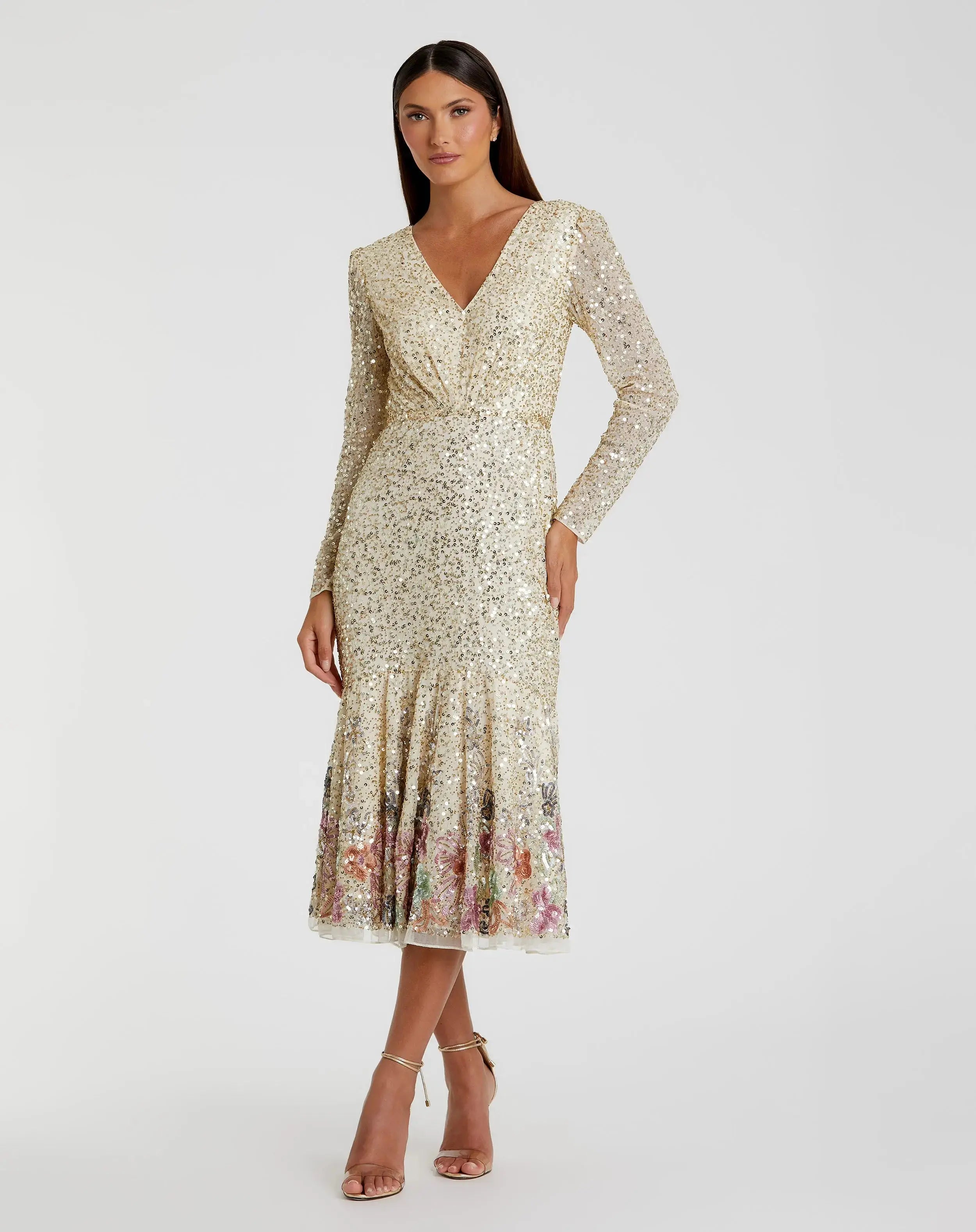 Gold Multicolor Faux Wrap Long Sleeve Tea Length Dress - FINAL SALE-Myartka