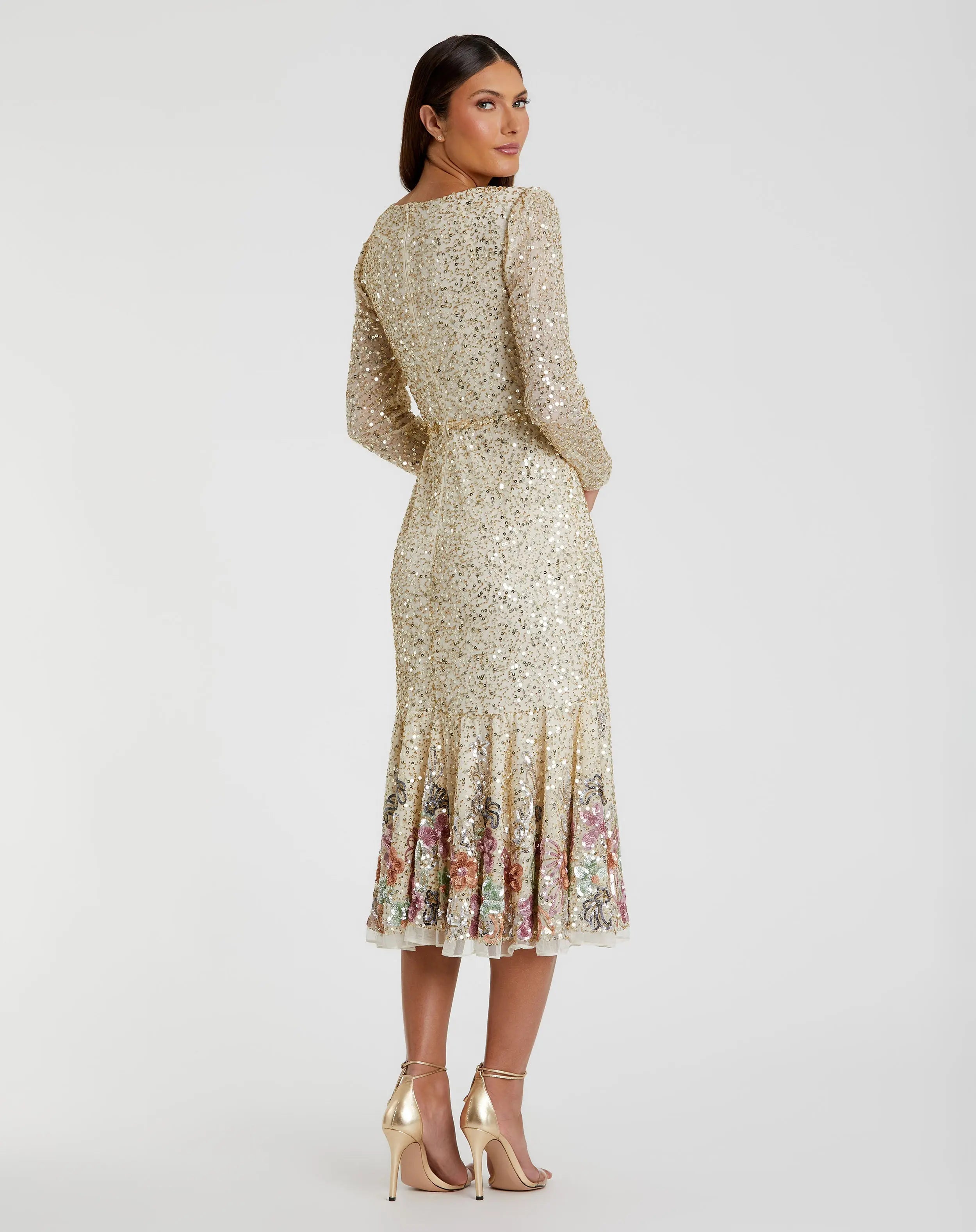 Gold Multicolor Faux Wrap Long Sleeve Tea Length Dress - FINAL SALE-Myartka