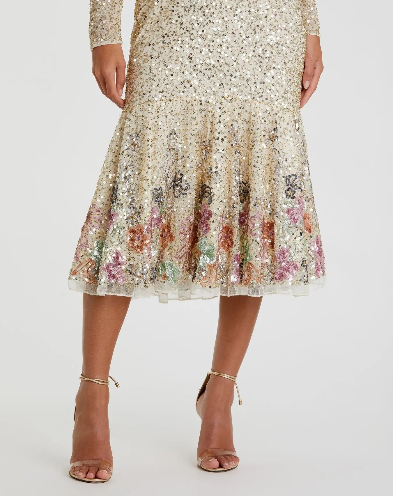 Gold Multicolor Faux Wrap Long Sleeve Tea Length Dress - FINAL SALE-Myartka