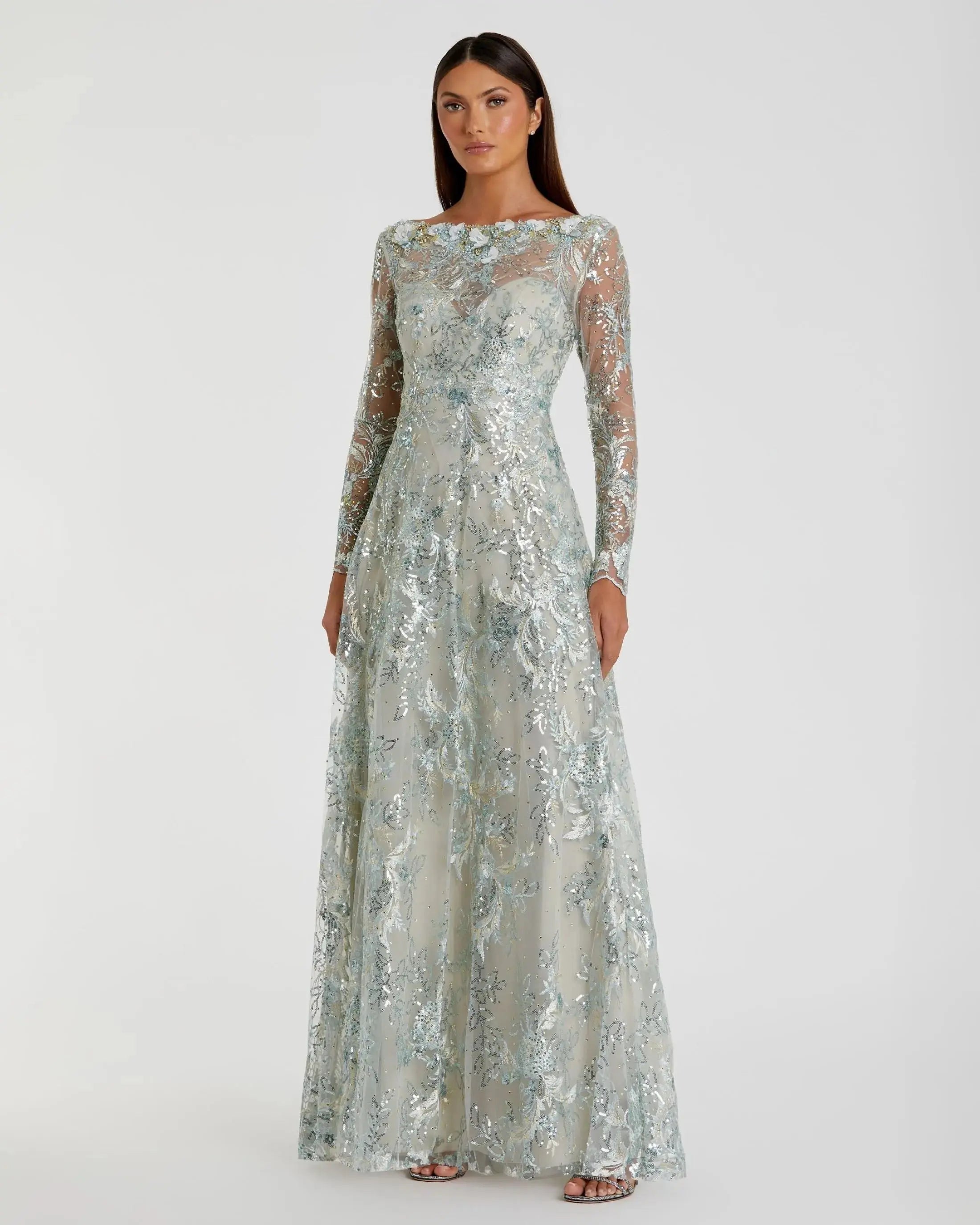 Green Floral Embroidered Illusion Long Sleeve Gown-Myartka