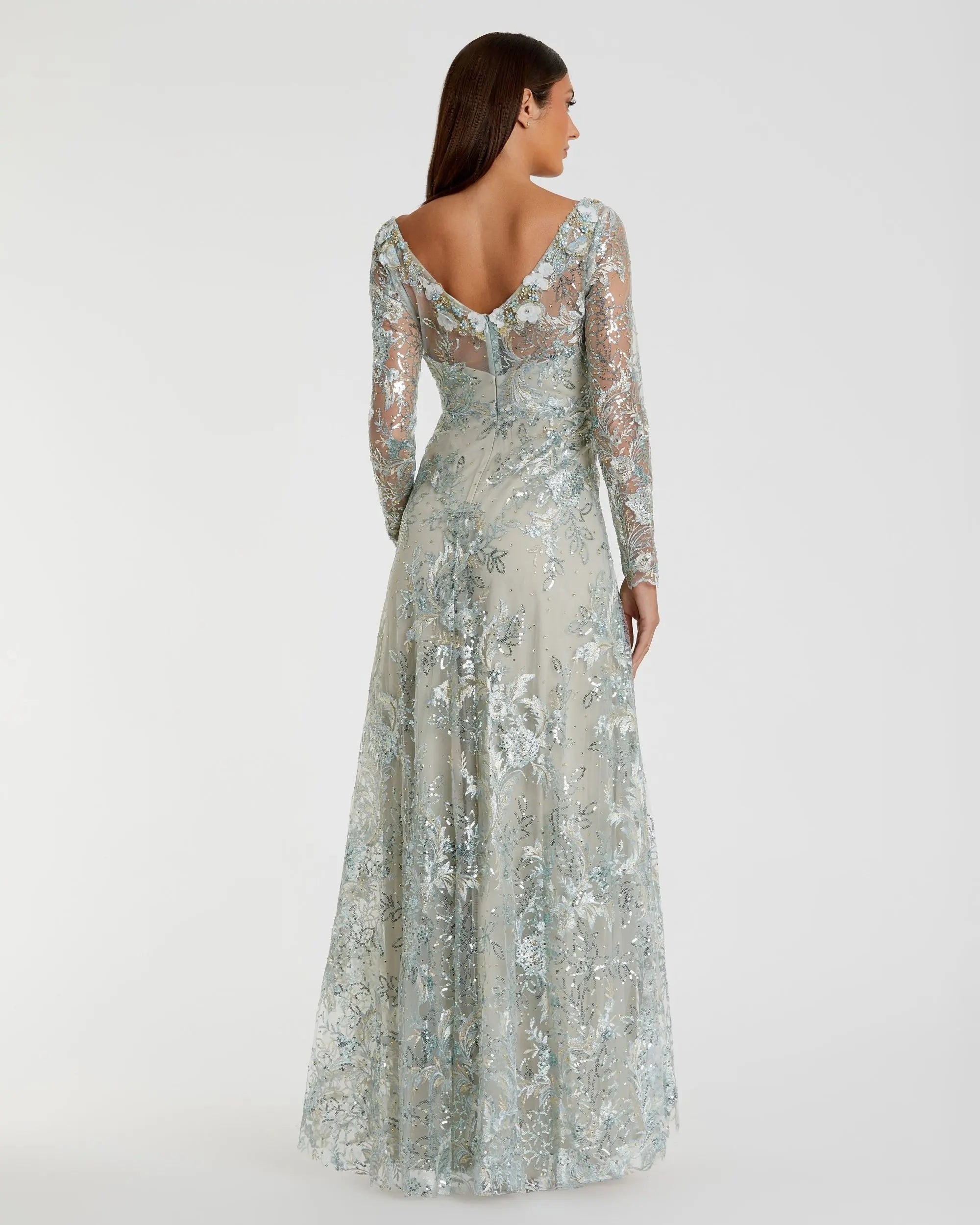 Green Floral Embroidered Illusion Long Sleeve Gown-Myartka
