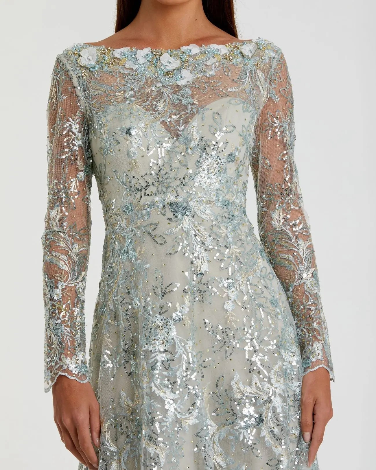 Green Floral Embroidered Illusion Long Sleeve Gown-Myartka