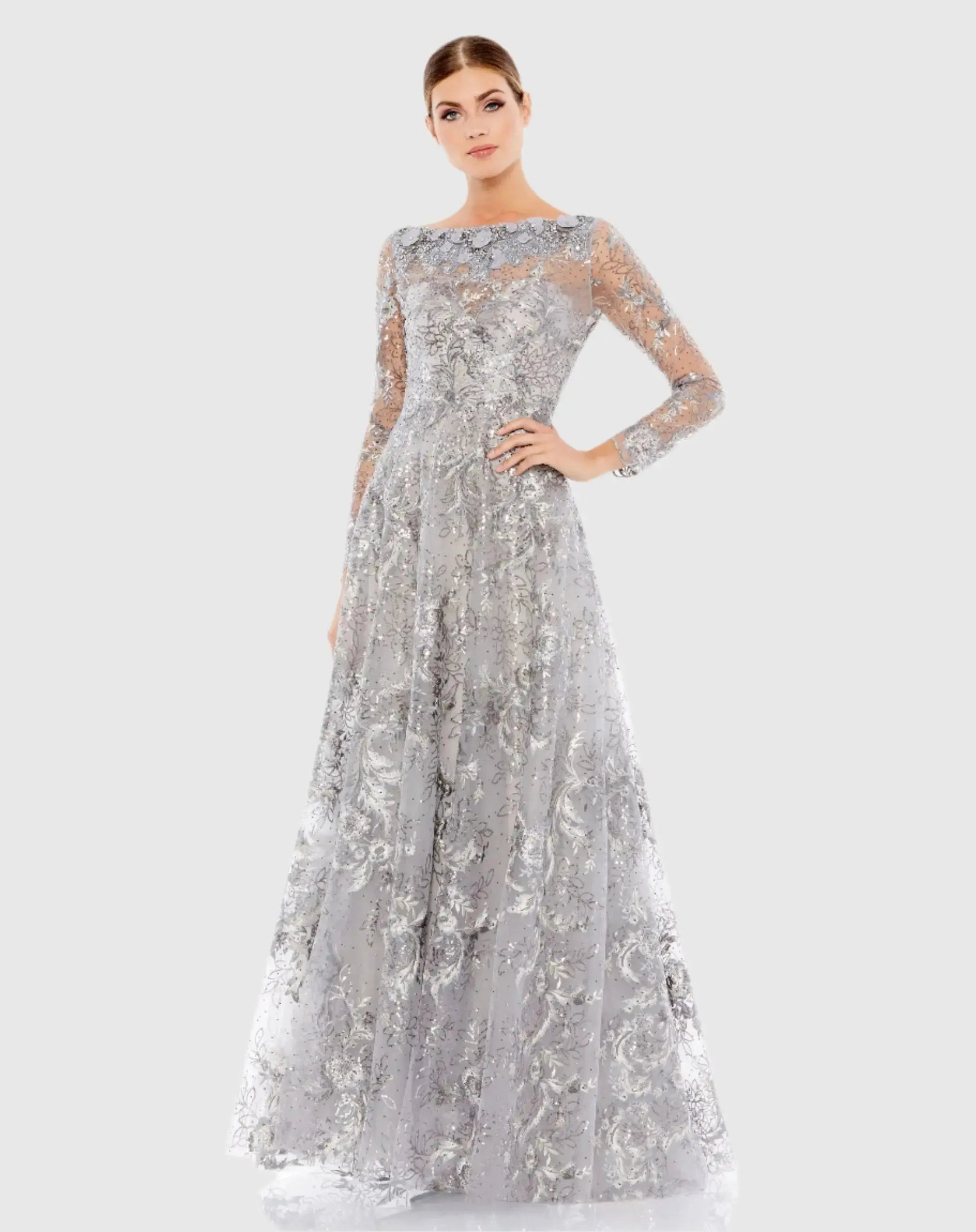 Gray Embroidered Illusion Neckline A-Line Evening Gown-Myartka