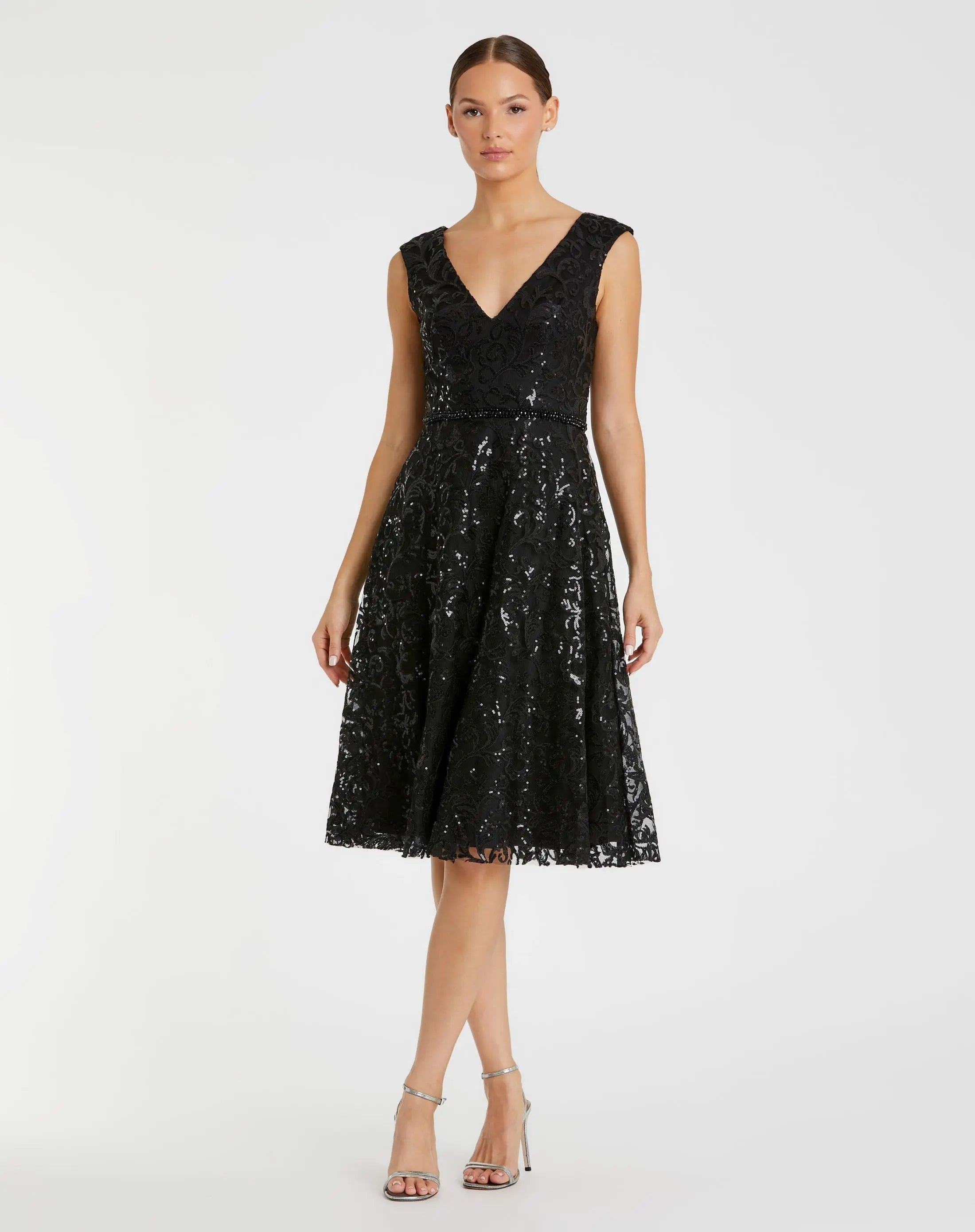 Black V Neck Cap Sleeve Sequin Dress-Myartka