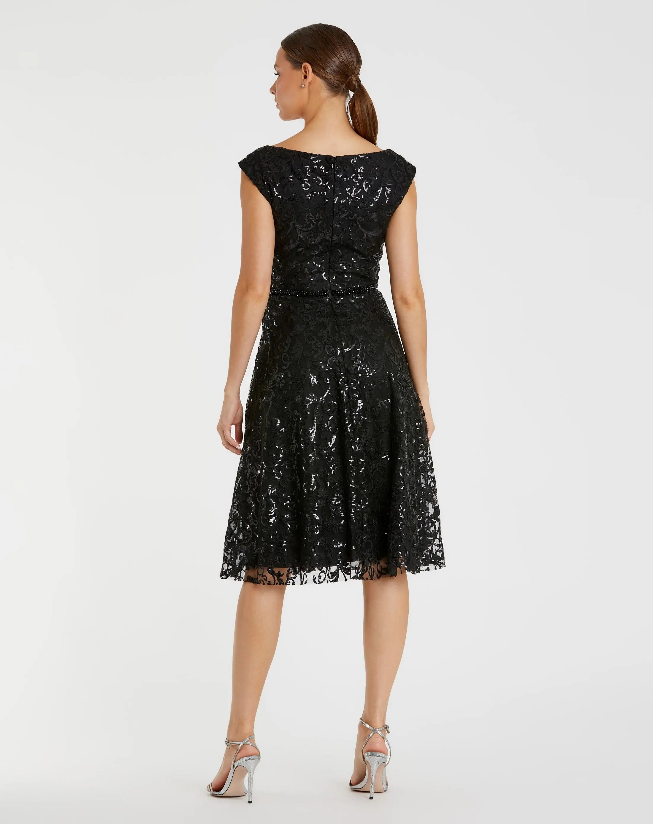 Black V Neck Cap Sleeve Sequin Dress-Myartka