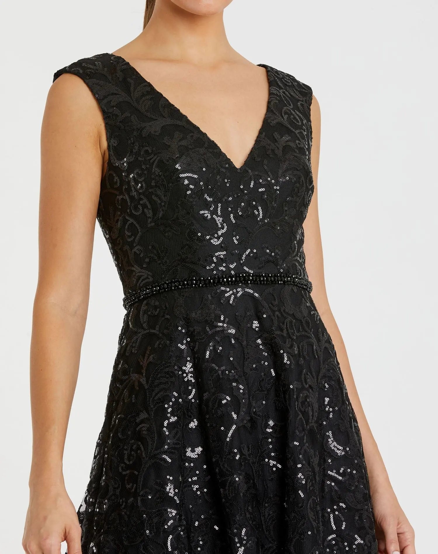 Black V Neck Cap Sleeve Sequin Dress-Myartka