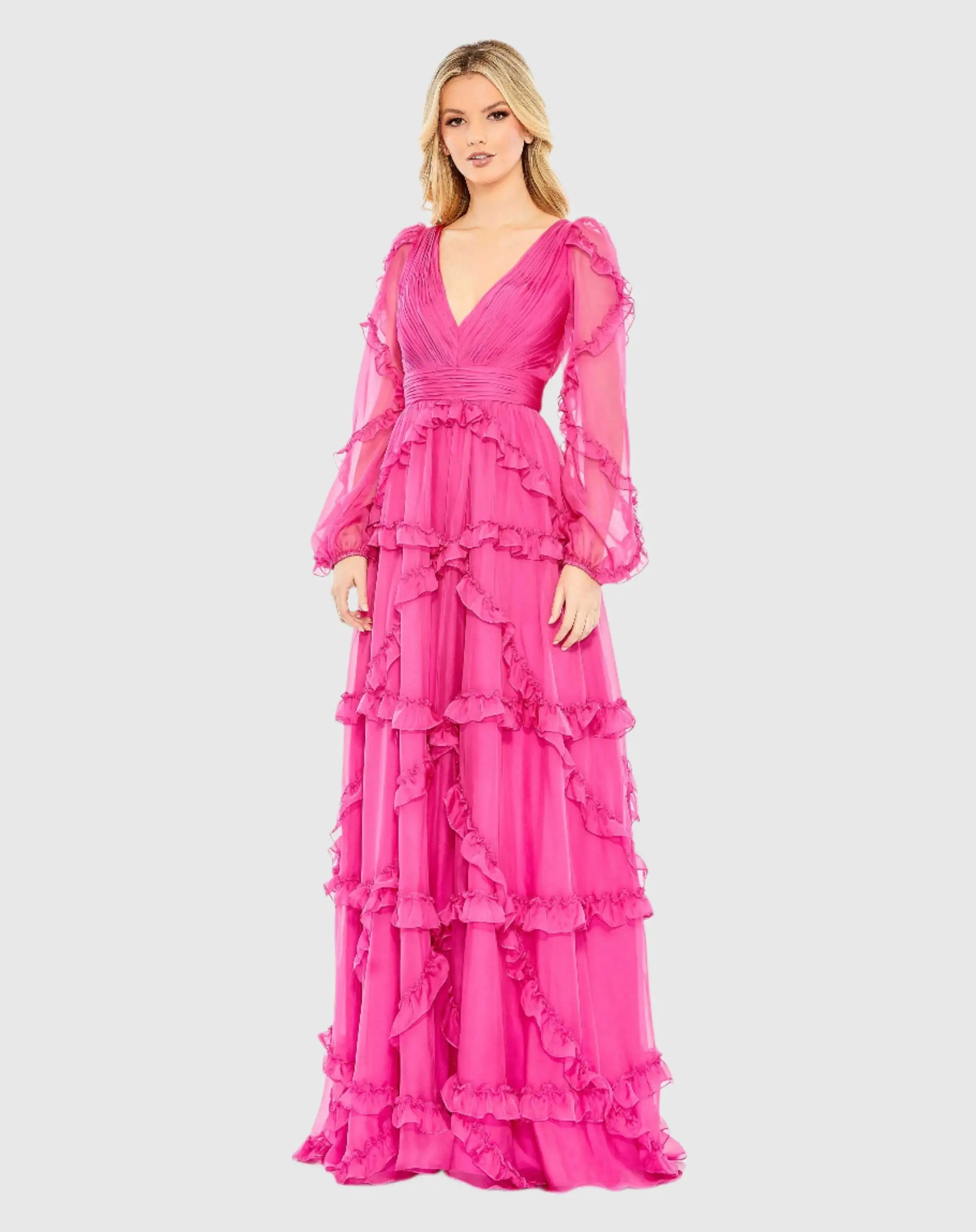 Pink Ruffle A-line Gown with Sheer Long Sleeves-Myartka