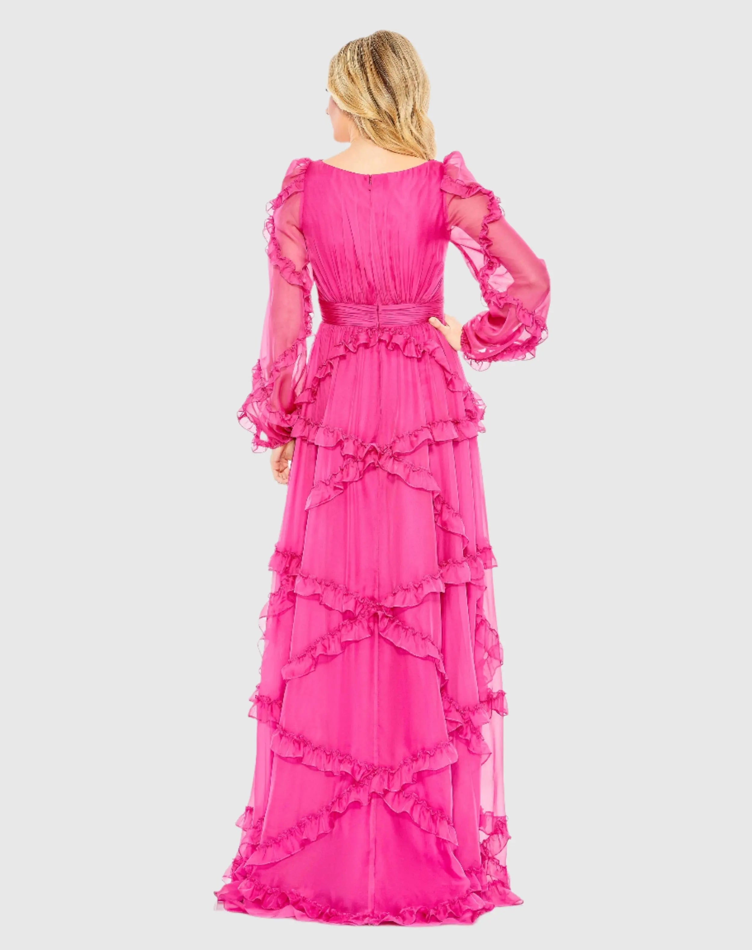Pink Ruffle A-line Gown with Sheer Long Sleeves-Myartka