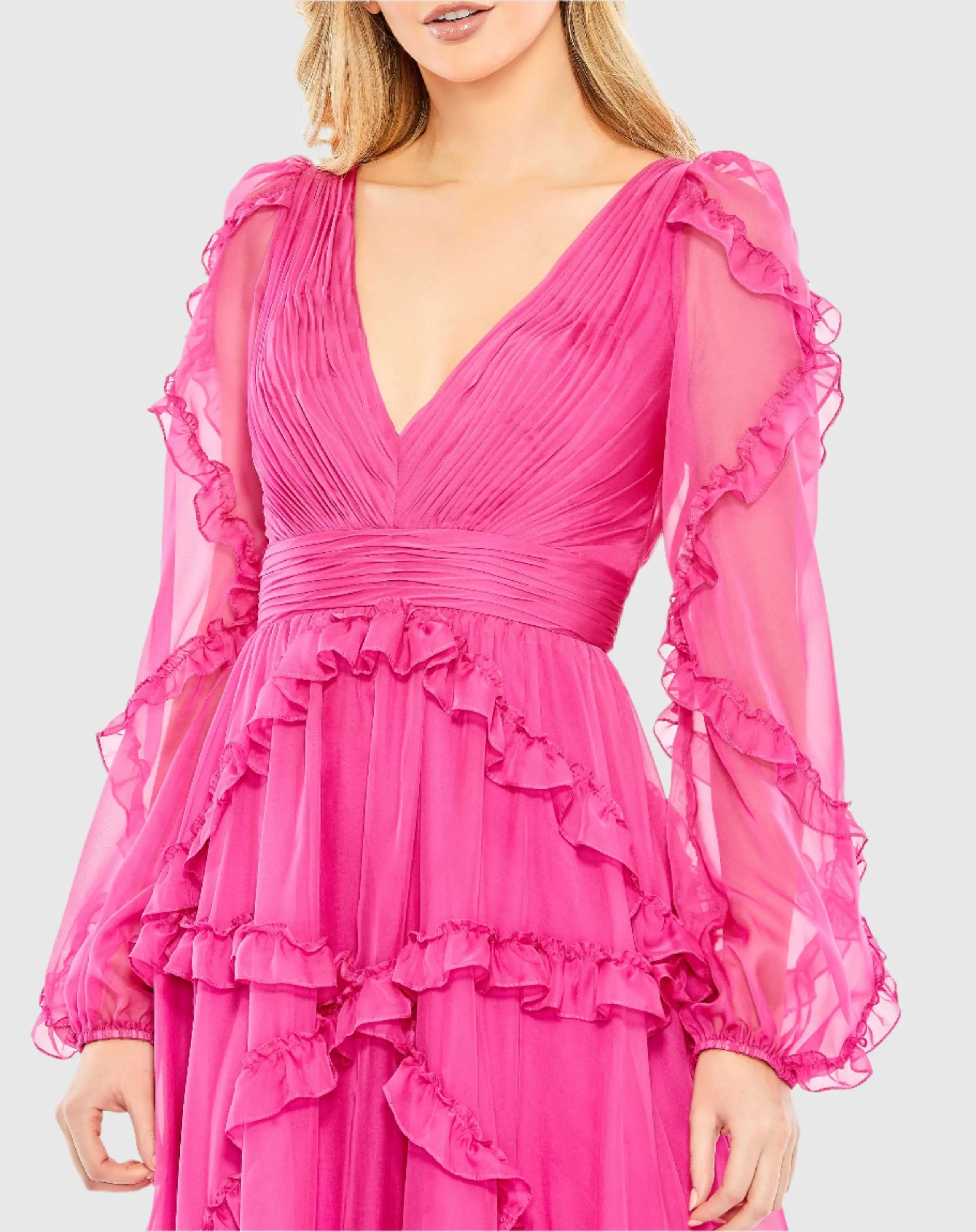 Pink Ruffle A-line Gown with Sheer Long Sleeves-Myartka