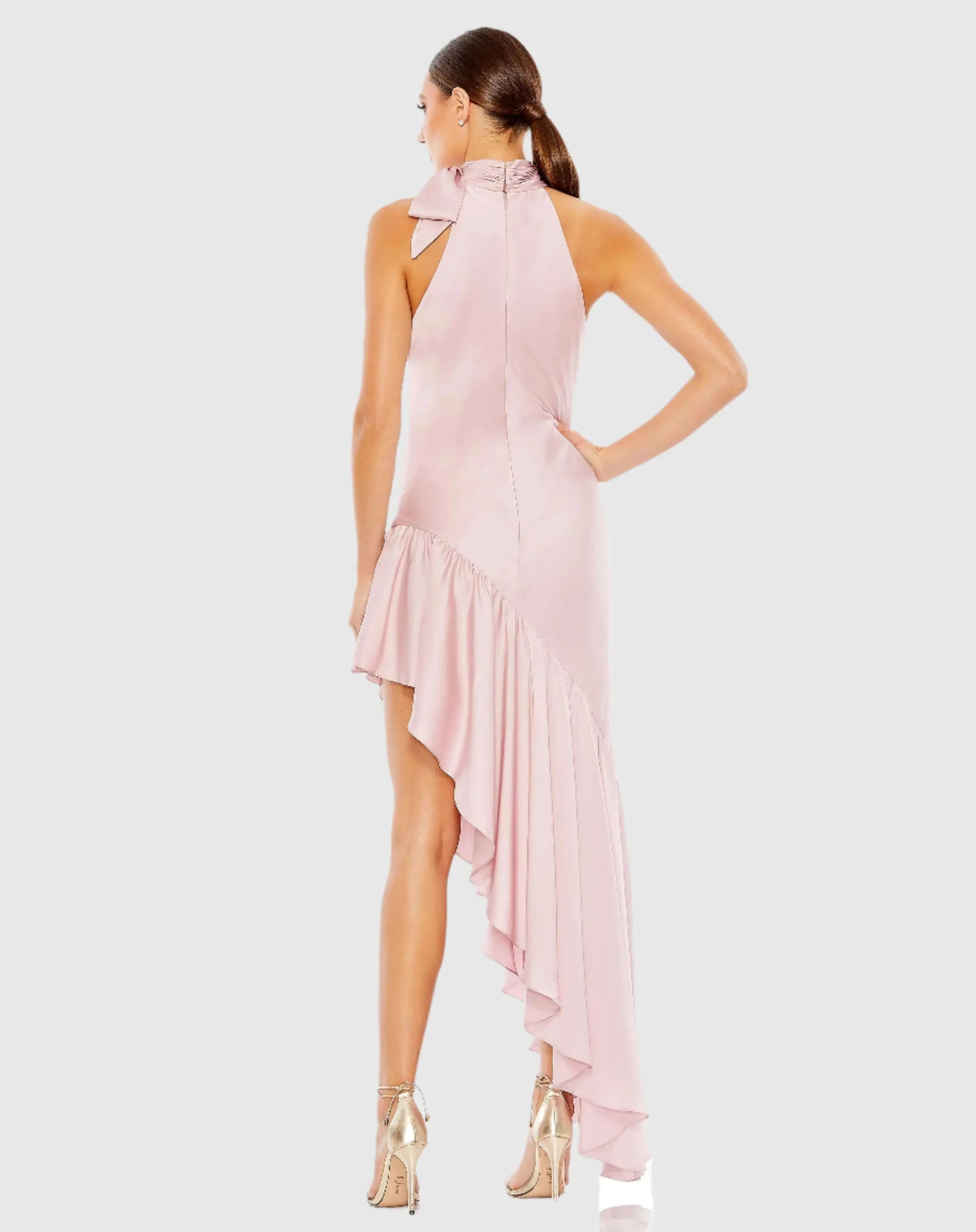 Pink Halter Neck Ruffled Asymmetrical Dress-Myartka