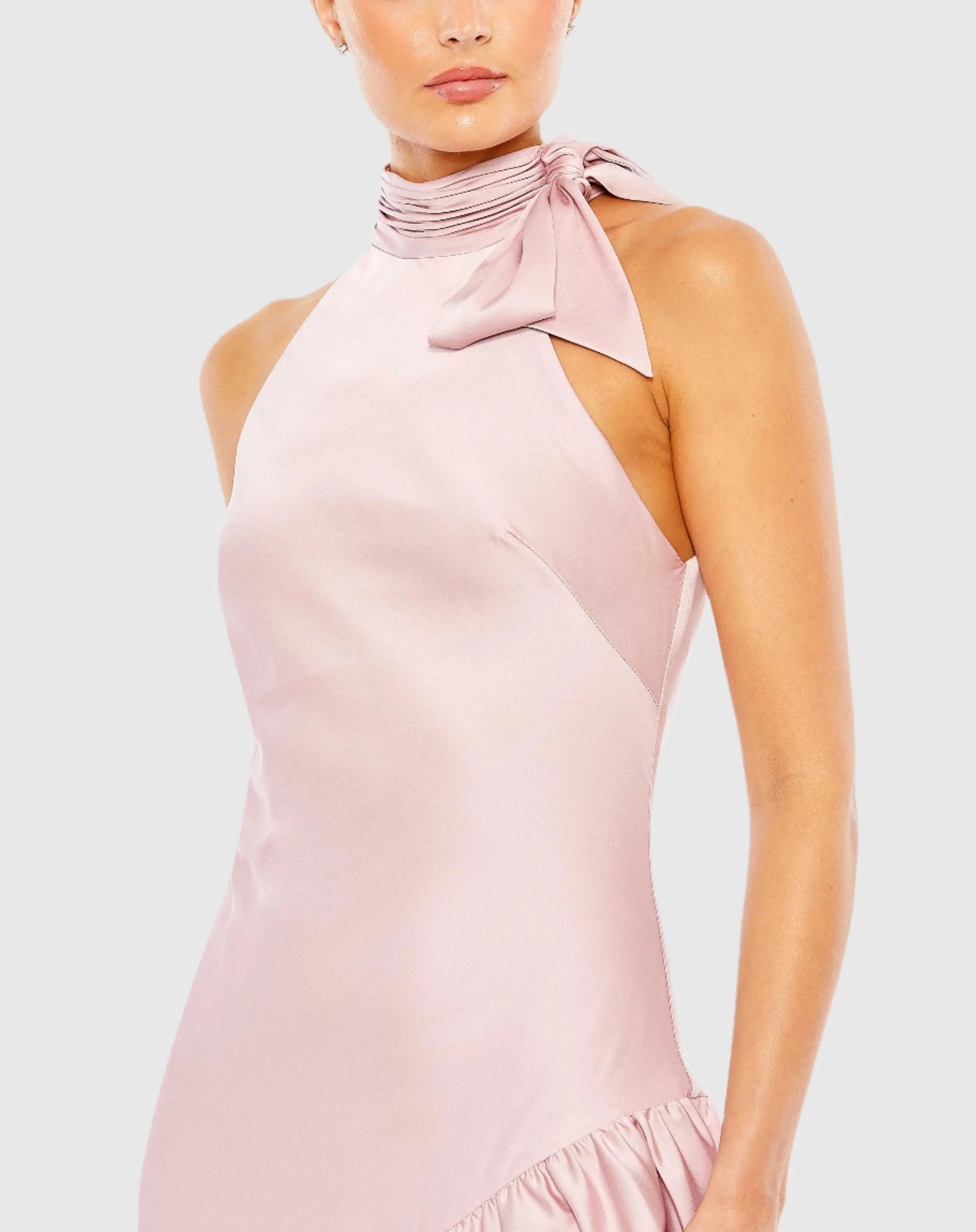 Pink Halter Neck Ruffled Asymmetrical Dress-Myartka