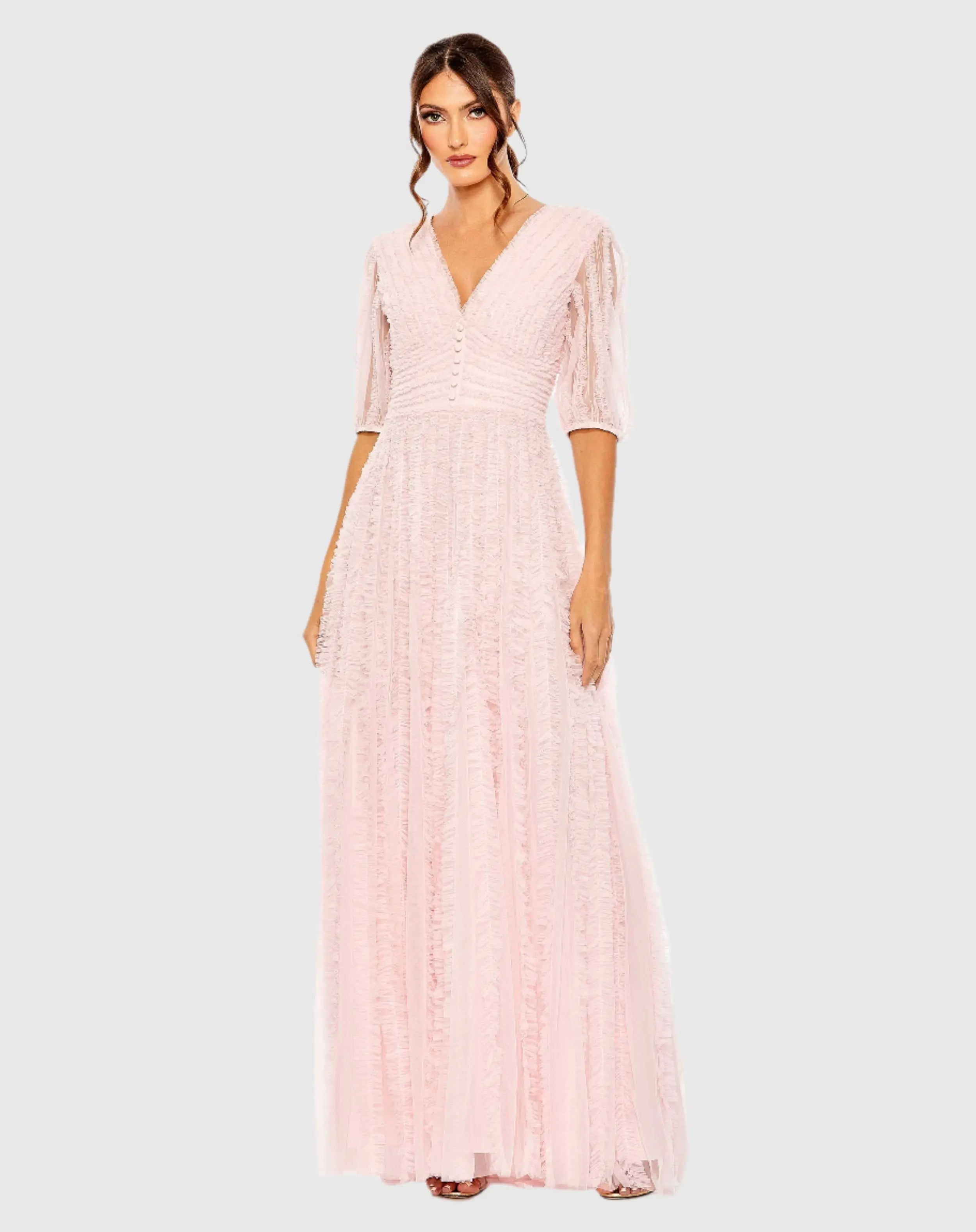 Pink V Neck Puff Sleeve Ruffle Tiered A Line Gown-Myartka