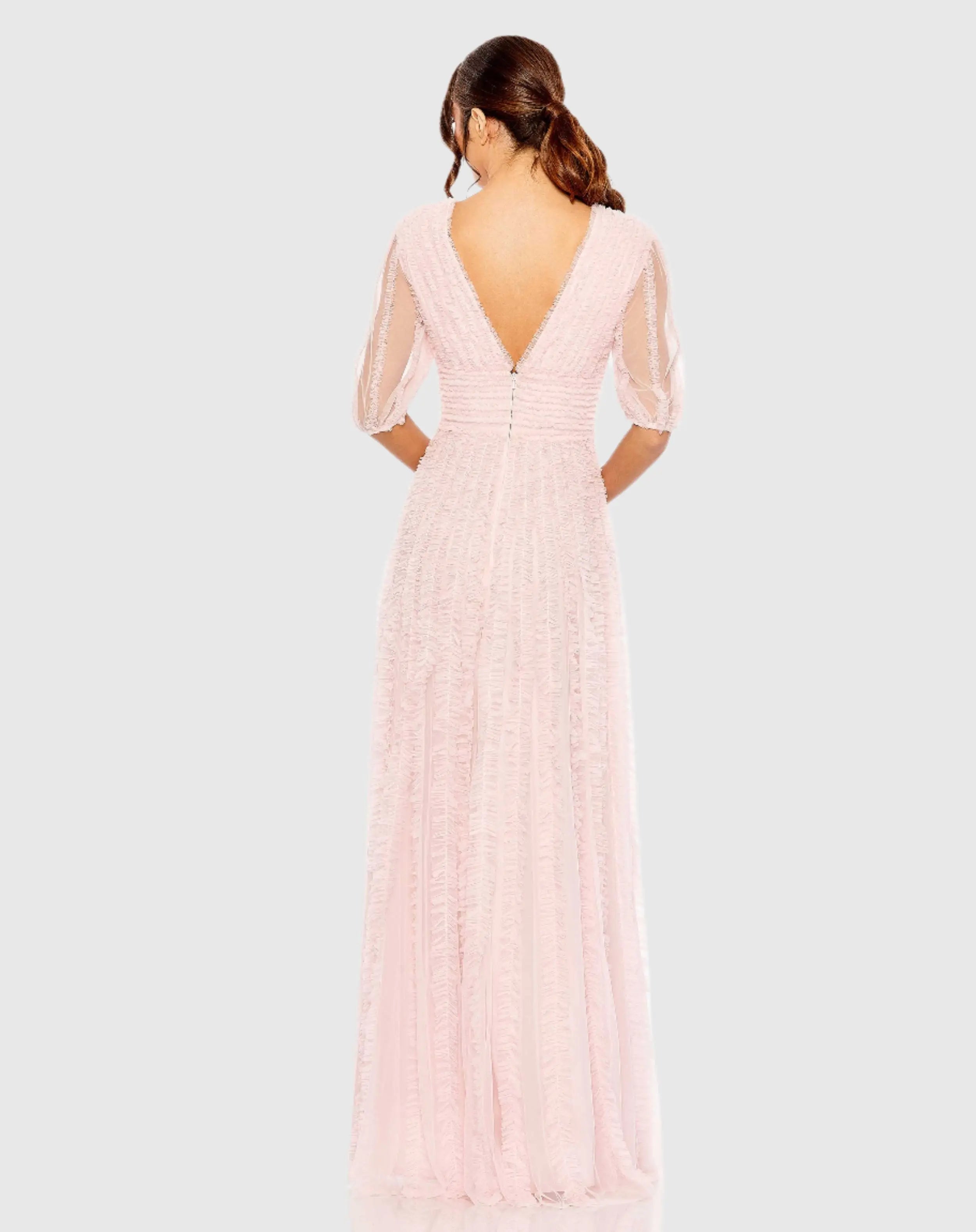 Pink V Neck Puff Sleeve Ruffle Tiered A Line Gown-Myartka