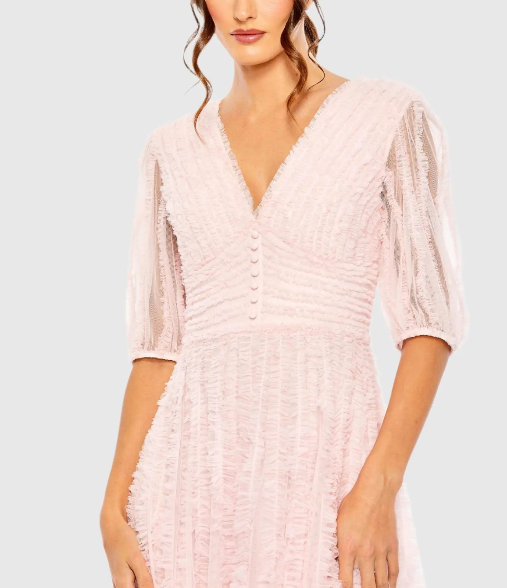 Pink V Neck Puff Sleeve Ruffle Tiered A Line Gown-Myartka