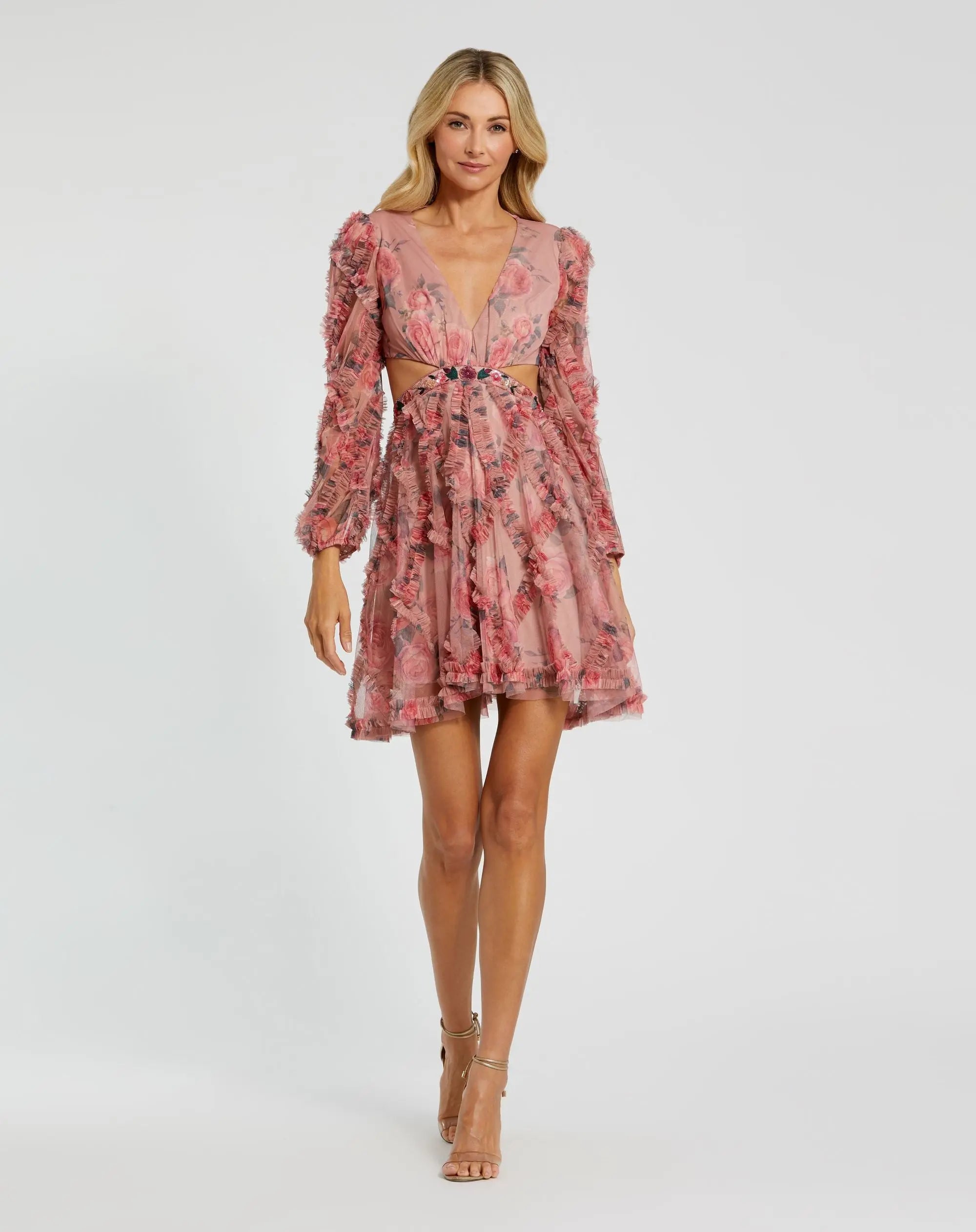 Pink Long Sleeve V Neck Cut Out Mesh Mini Dress-Myartka