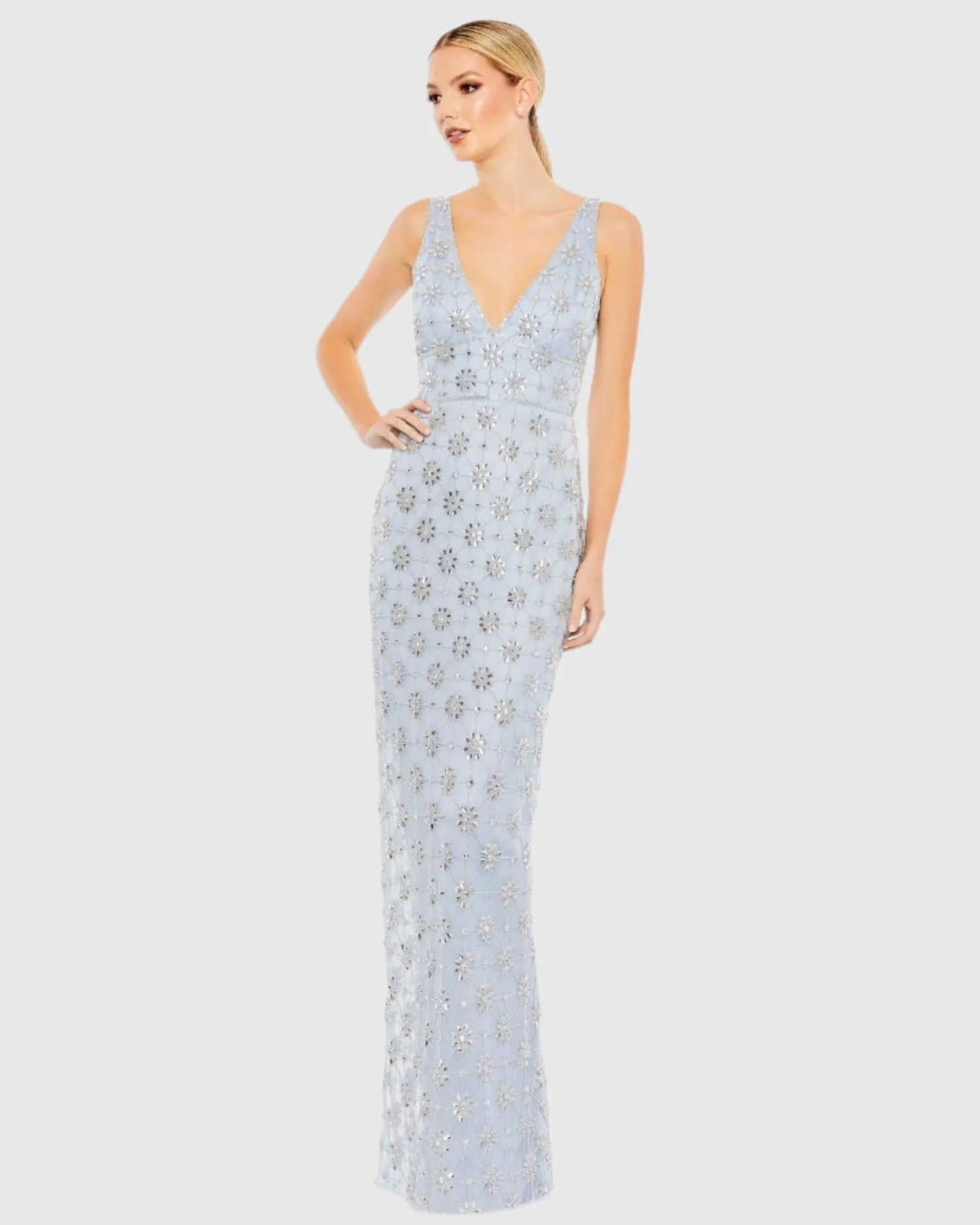Blue Embellished Sleeveless V Neck Gown-Myartka