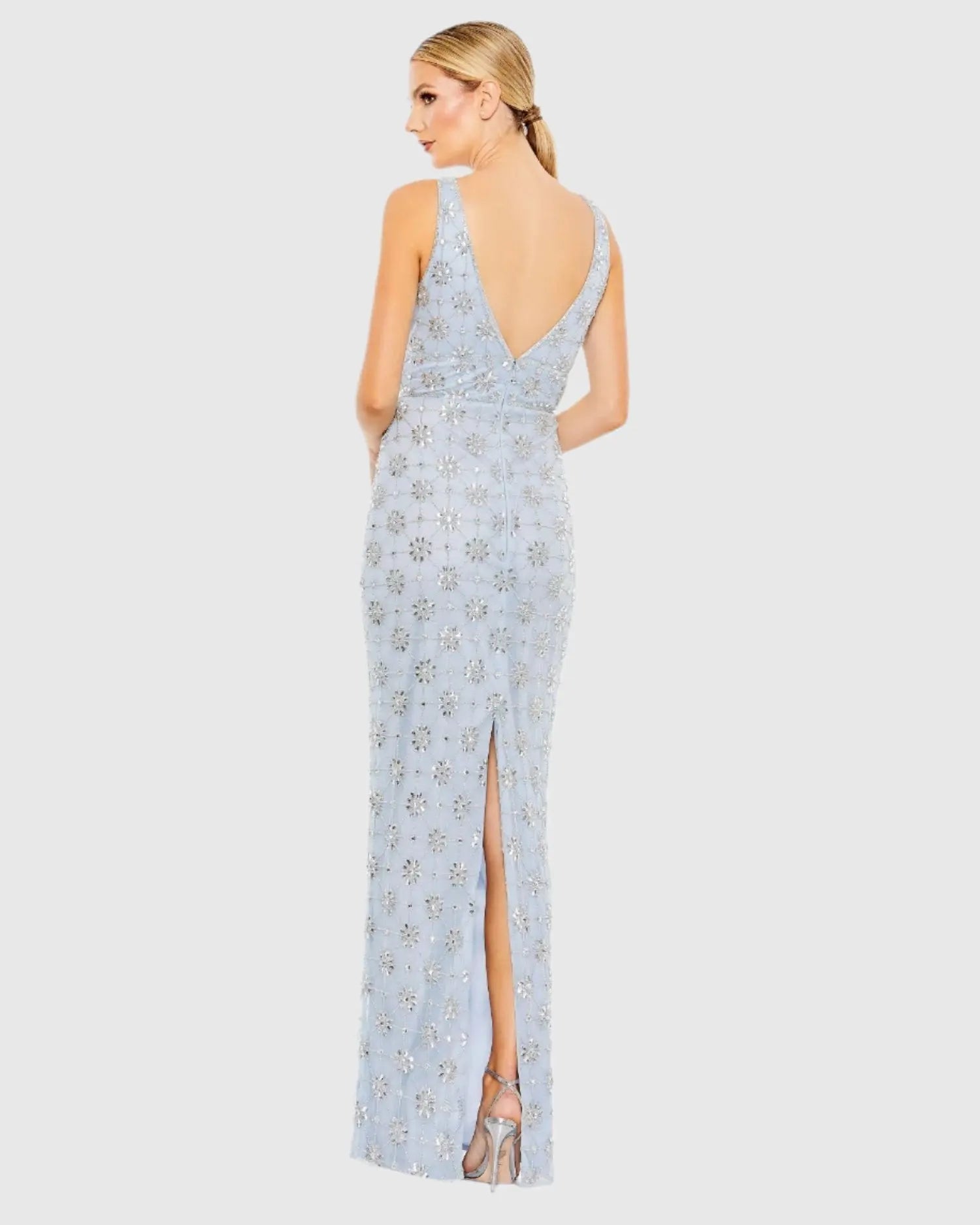 Blue Embellished Sleeveless V Neck Gown-Myartka