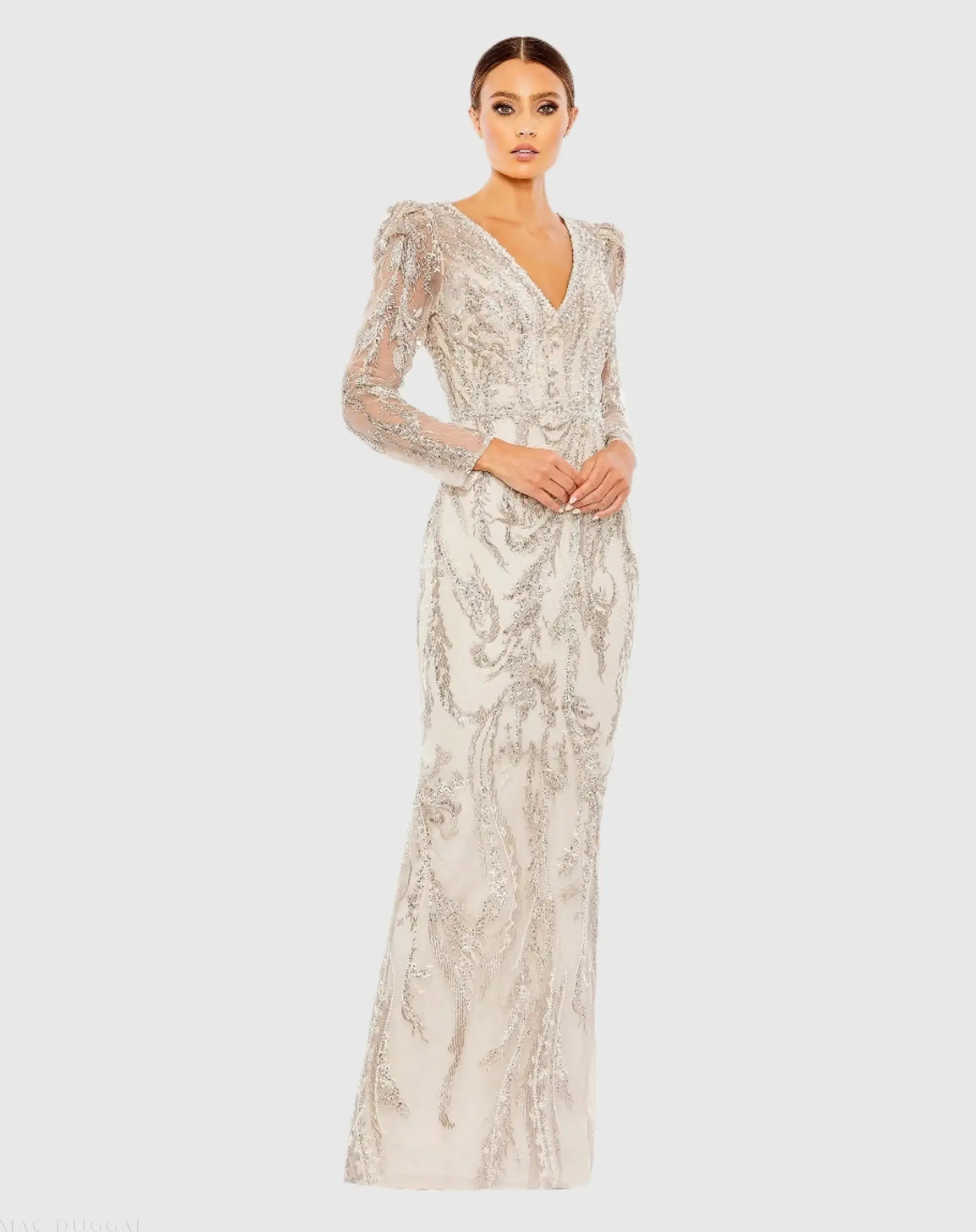 Embellished Puff Sleeve V Neck Gown-Myartka