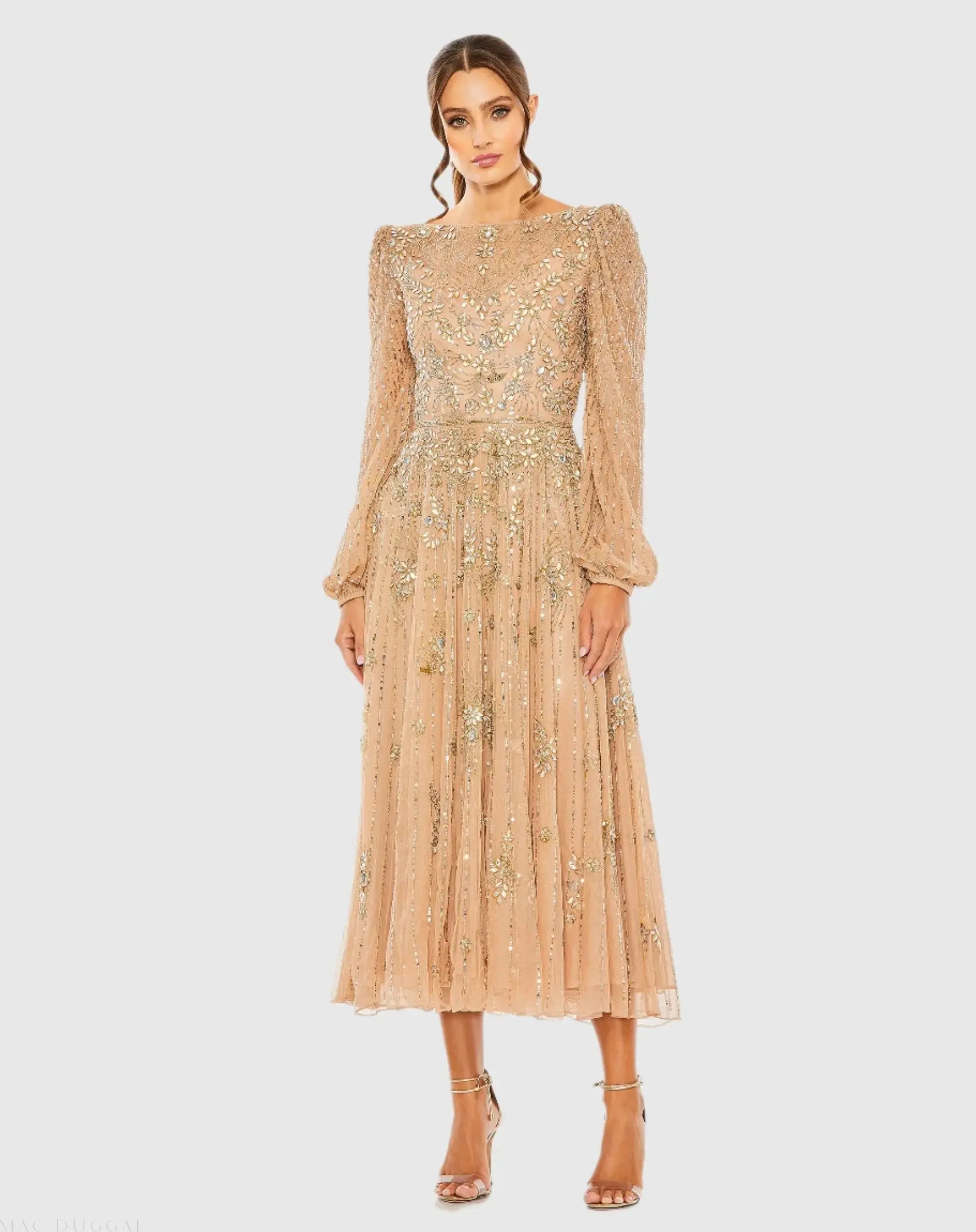 Floral Embellished High Neck Puff Long Sleeve A Line Midi Dress-Myartka