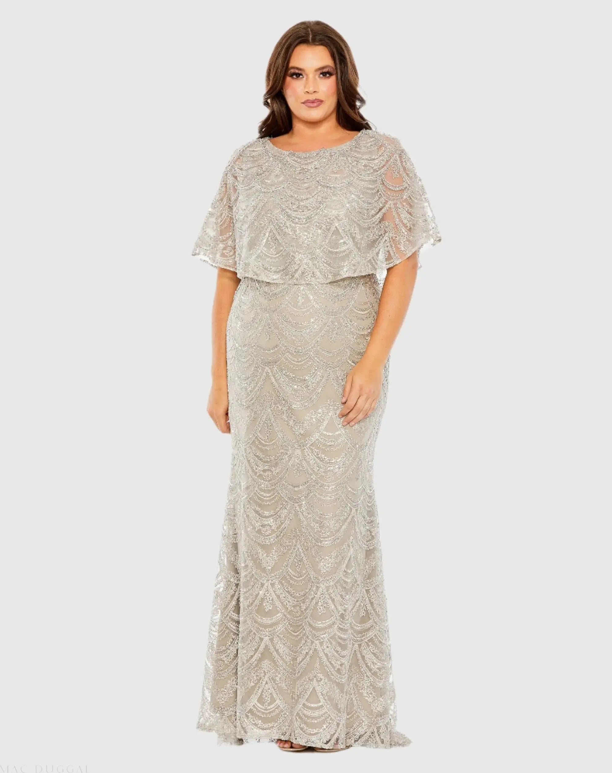 High Neck Embellished Column Dress With Cape (Plus)-Myartka
